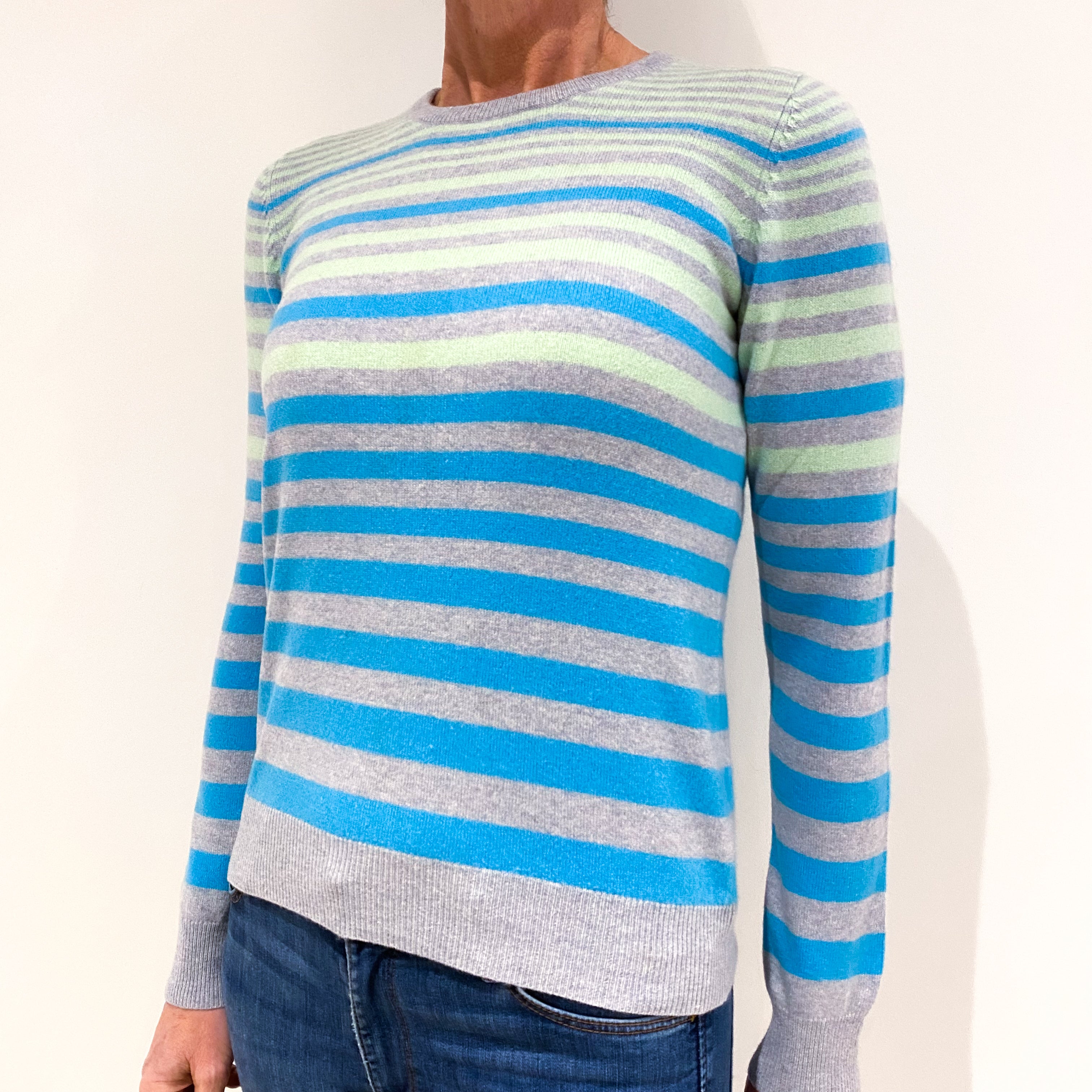 Grey Striped Cashmere Crew Neck Jumper Small
