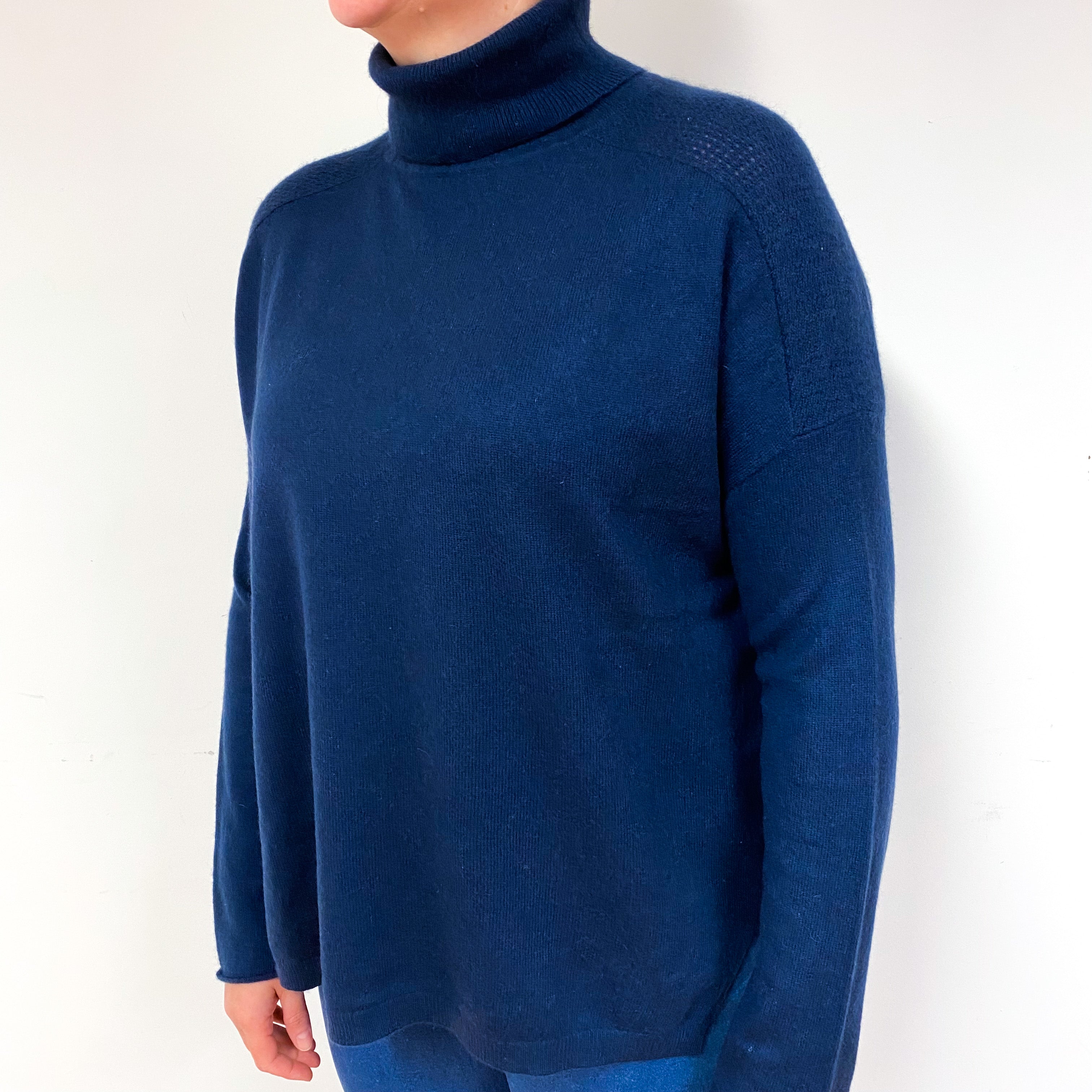 Navy Blue Slouchy Cashmere Polo Neck Jumper Large
