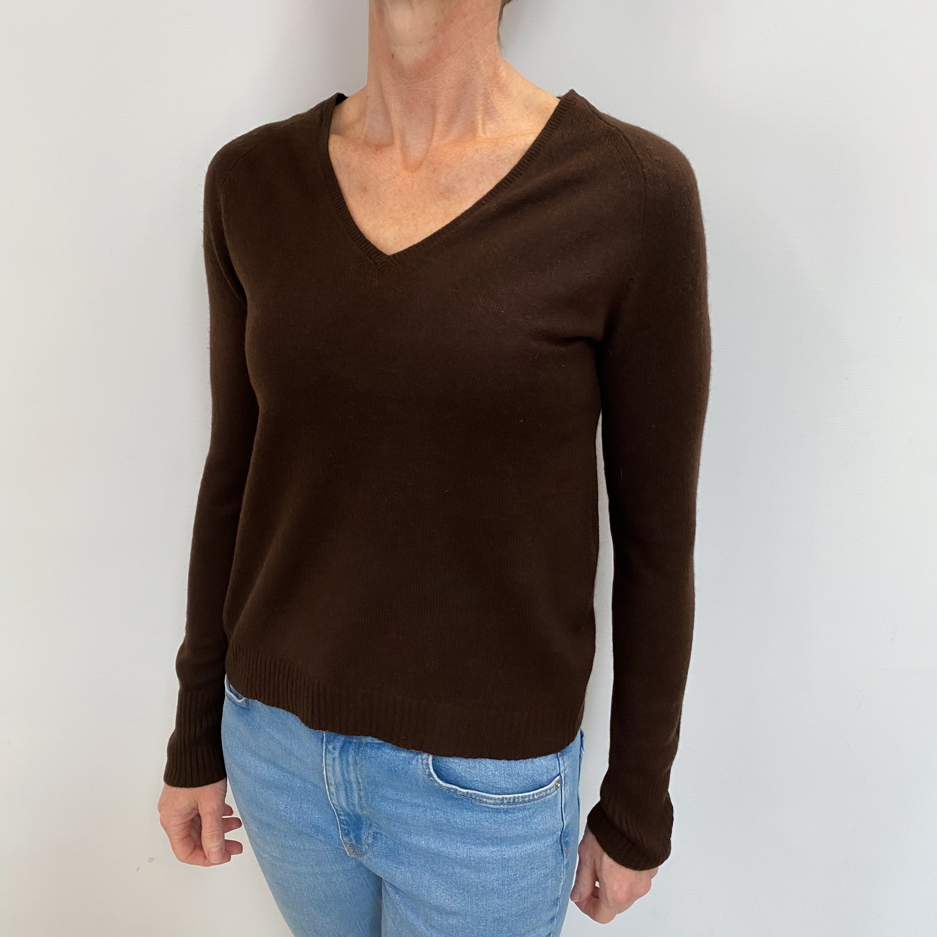 Chocolate Brown Cashmere V Neck Jumper Small