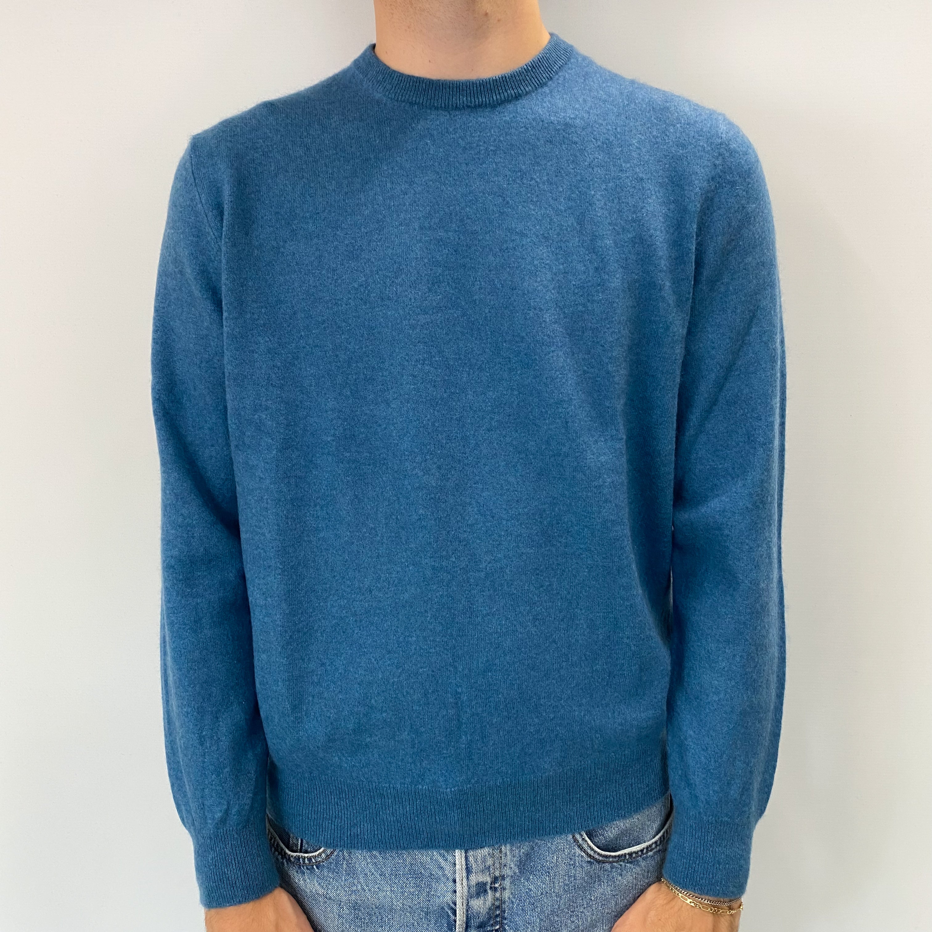 Men's Pacific Blue Cashmere Crew Neck Jumper Large
