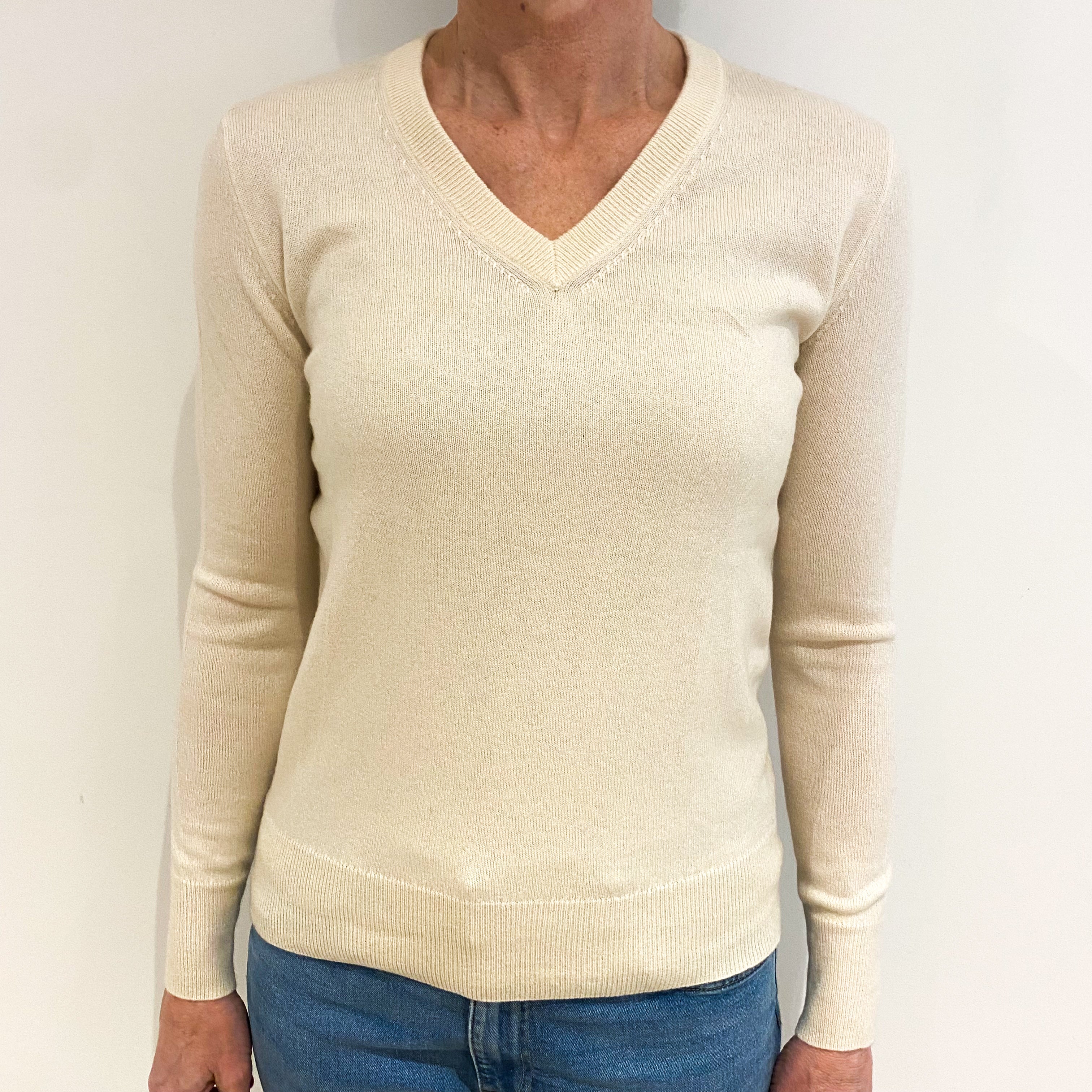 Vanilla Cream Cashmere V Neck Jumper Small