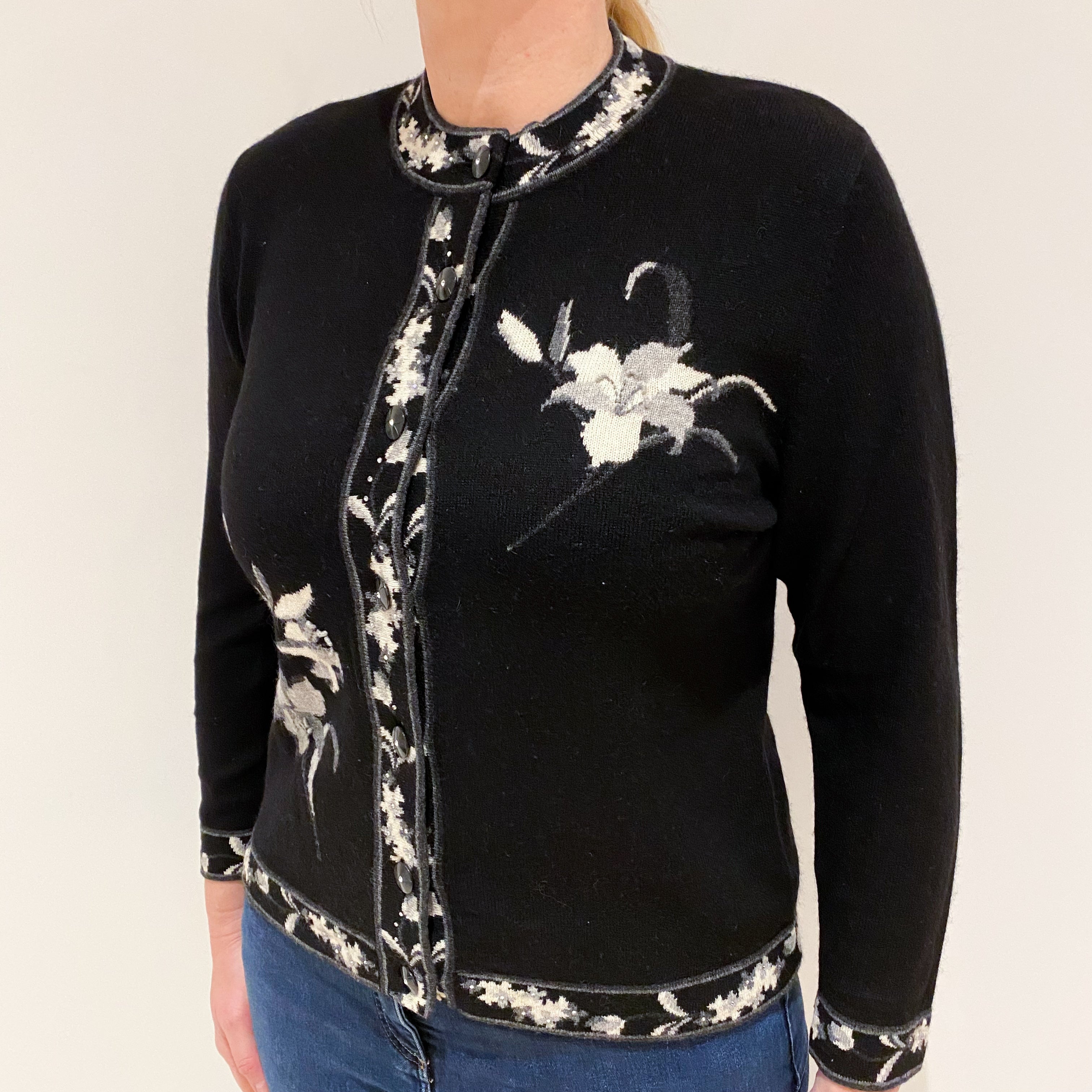 Black Floral Trimmed Cashmere Crew Neck Cardigan Large