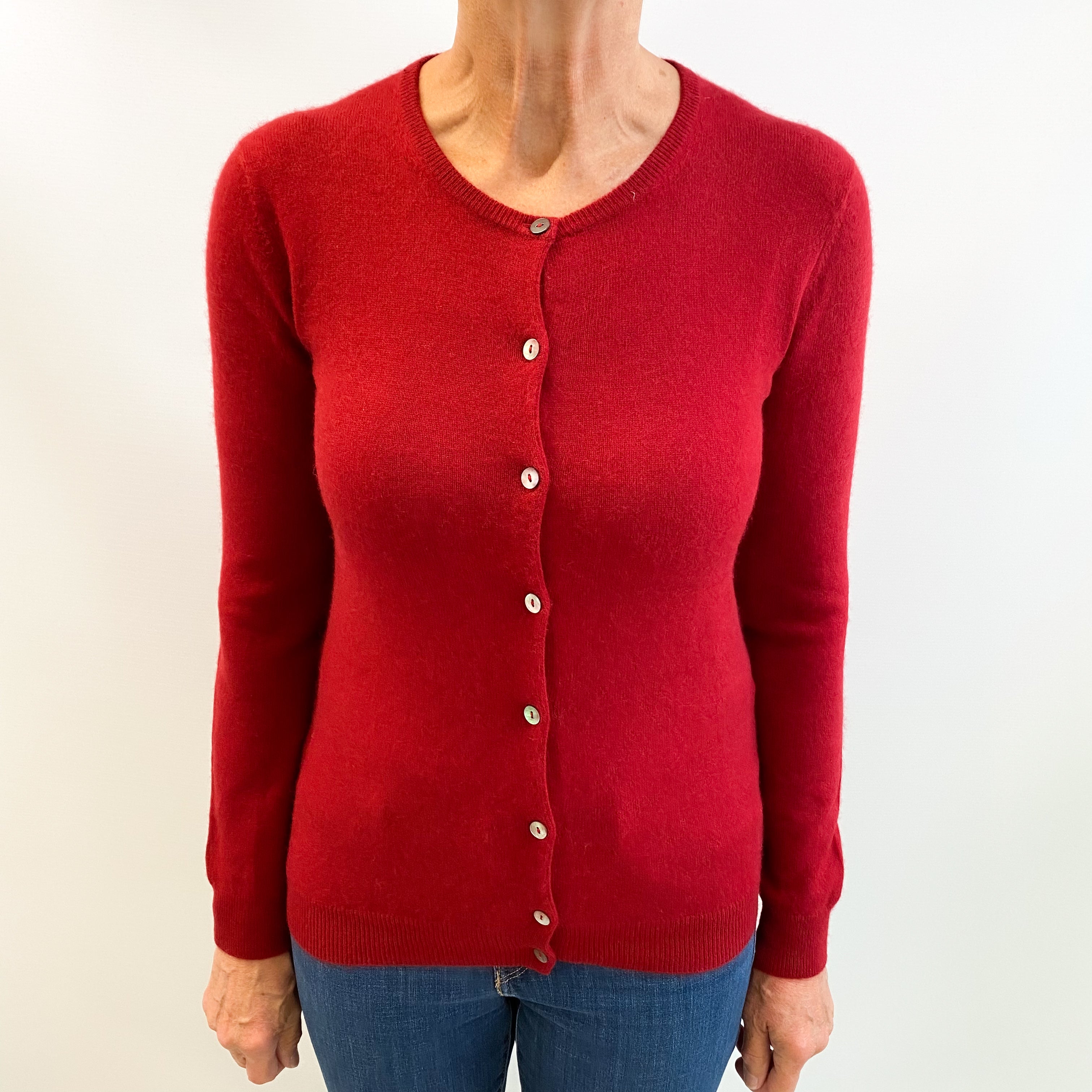 Garnet Red Cashmere Crew Neck Cardigan Medium