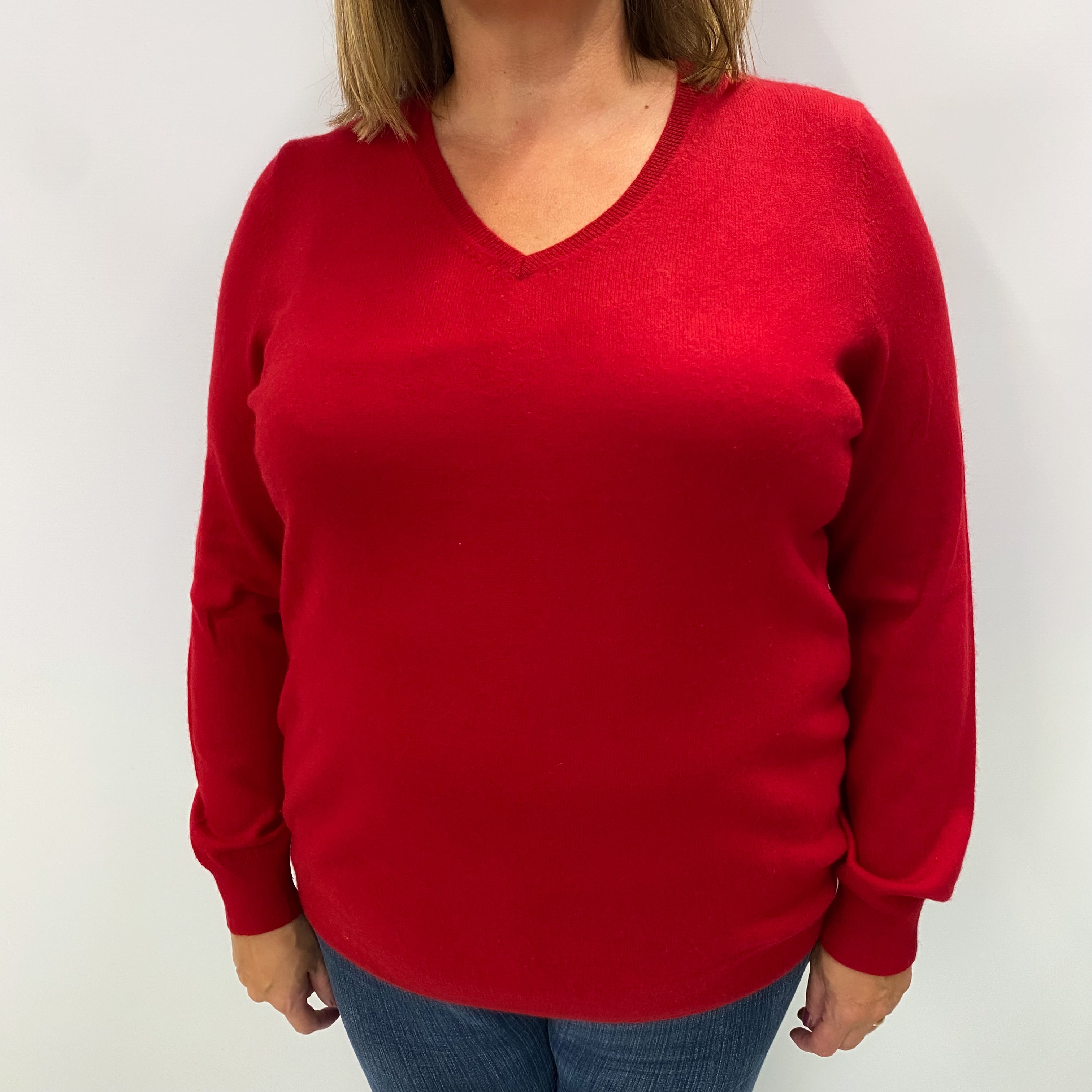 Post Box Red Cashmere V Neck Jumper Extra Large