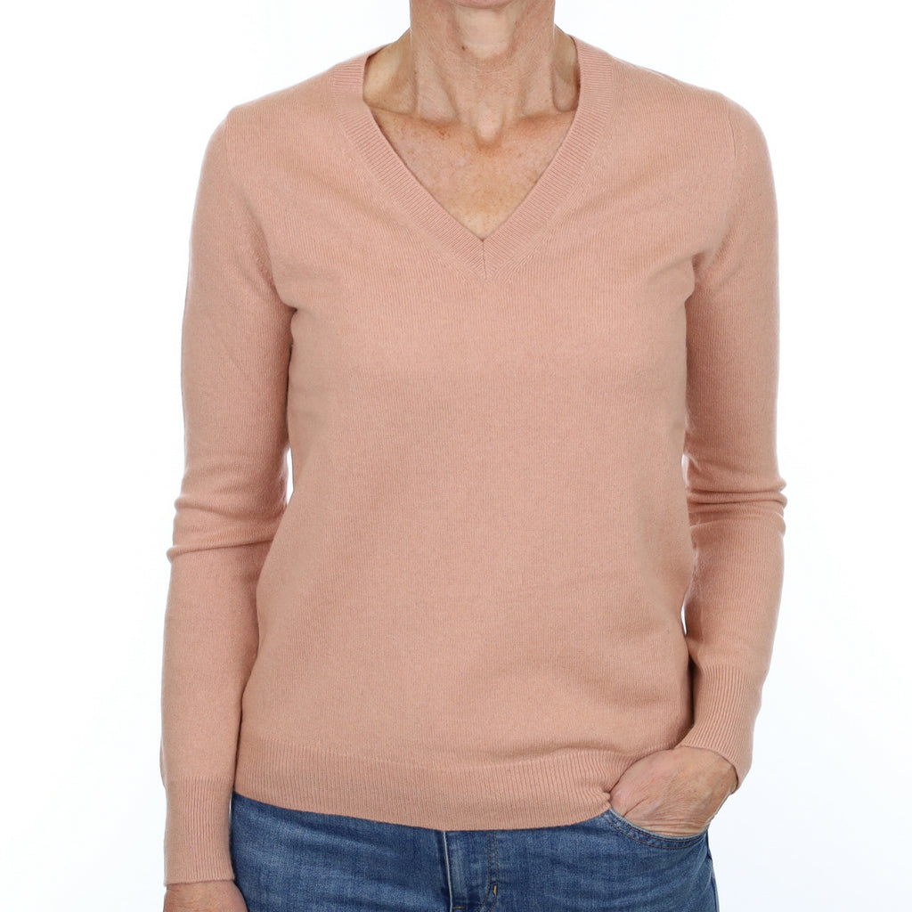 Dusky Rose Pink Cashmere V Neck Jumper Small