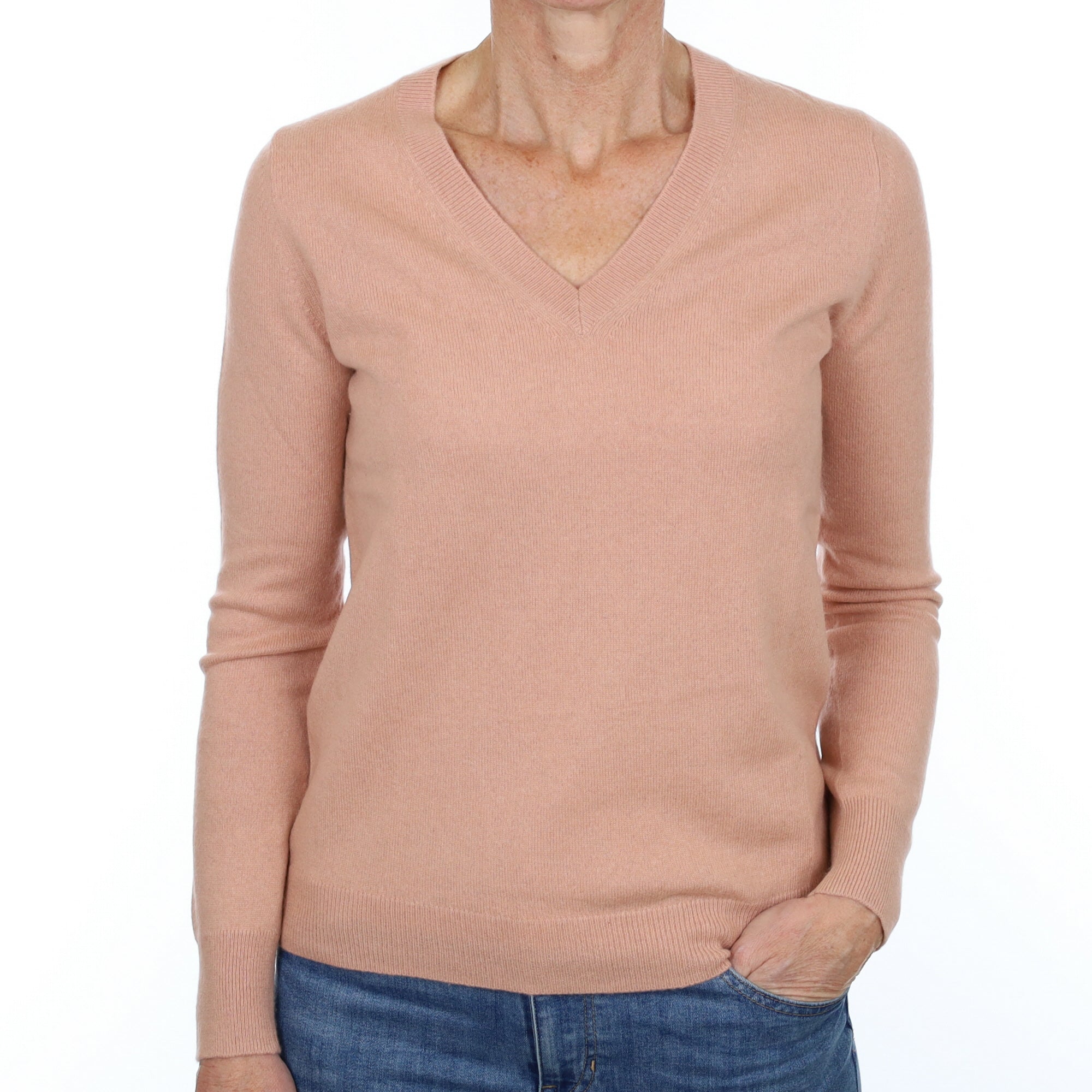 Dusky Rose Pink Cashmere V Neck Jumper Small