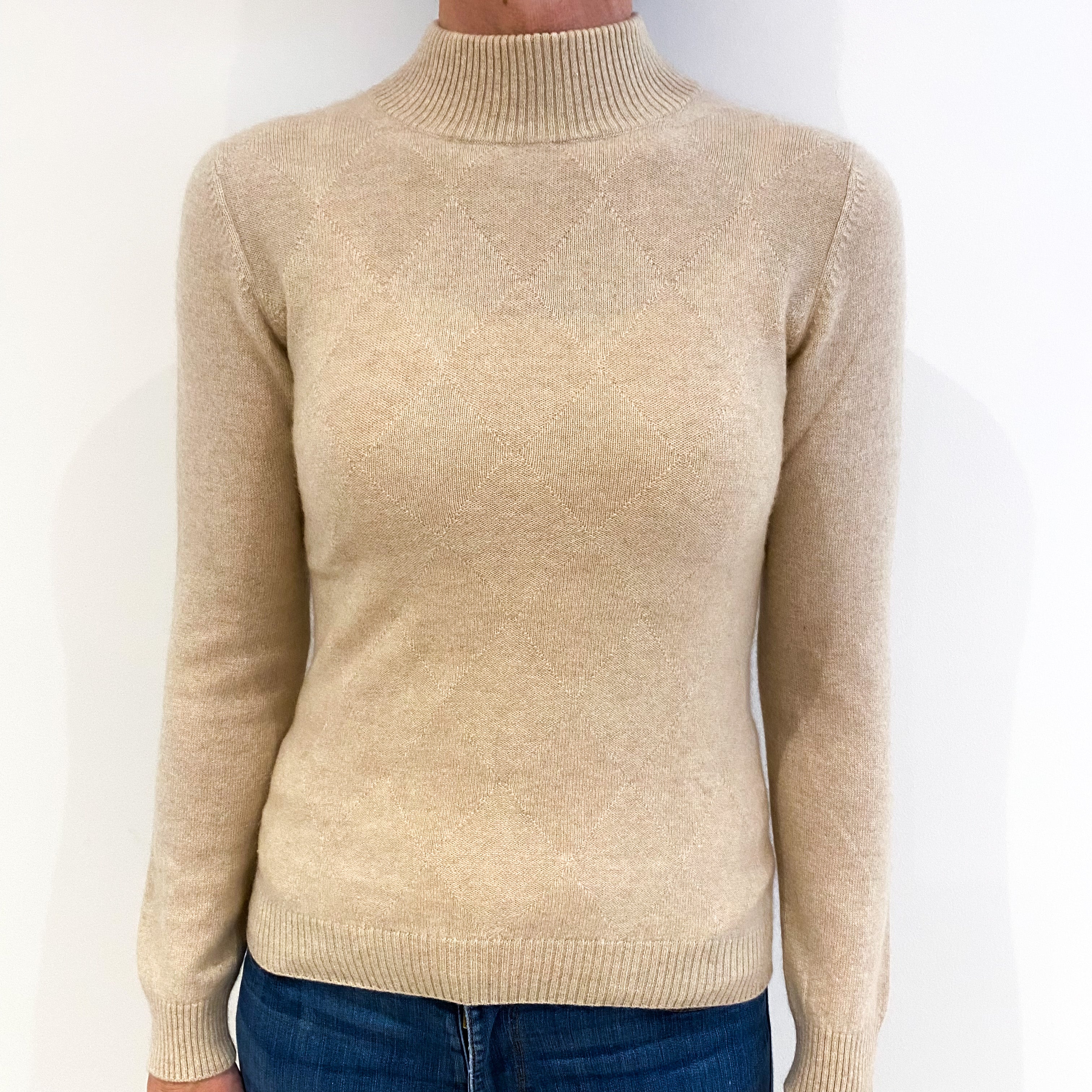 Sand Beige Diamond Pattern Detail Cashmere Polo Neck Jumper Small