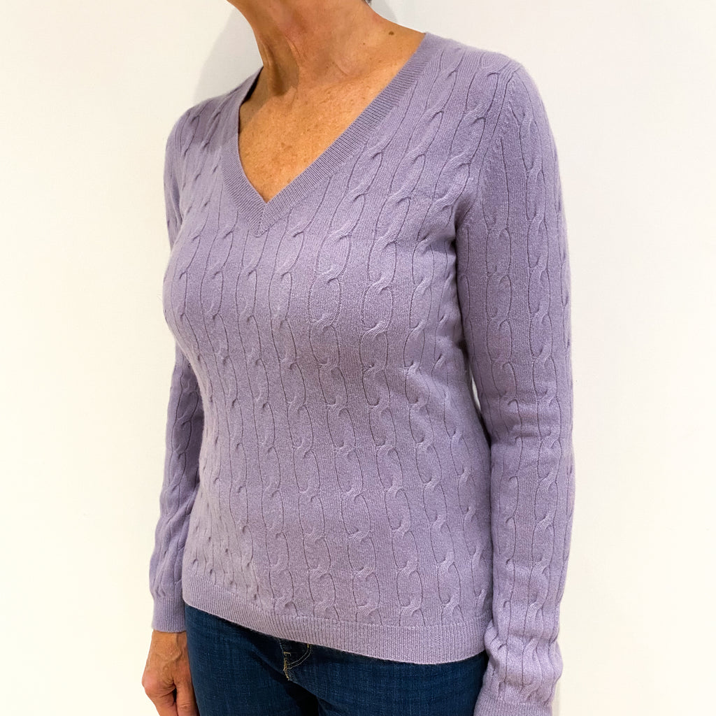 Lavender Purple Cashmere Cable Knit V-Neck Jumper Medium