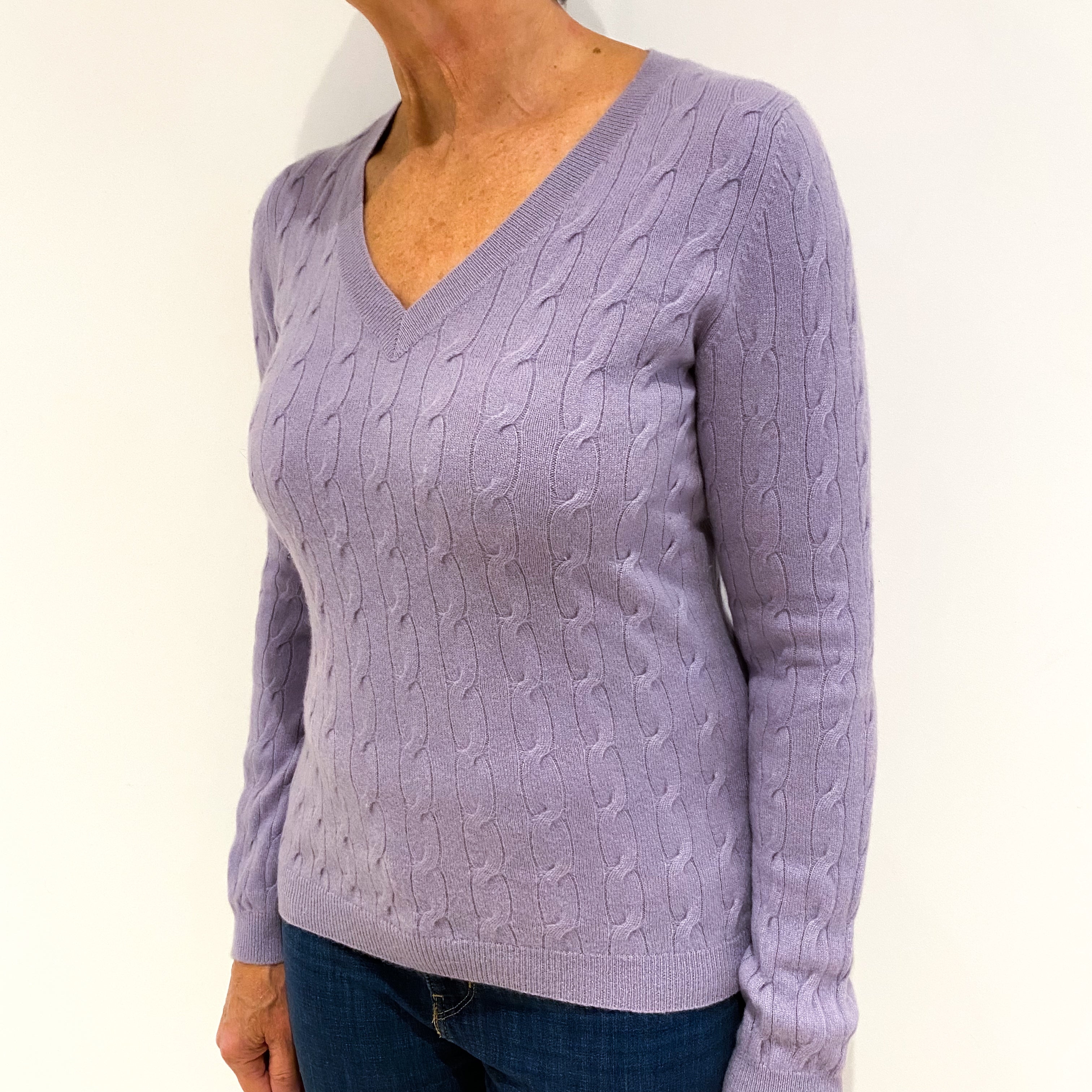 Lavender Purple Cashmere Cable Knit V-Neck Jumper Medium