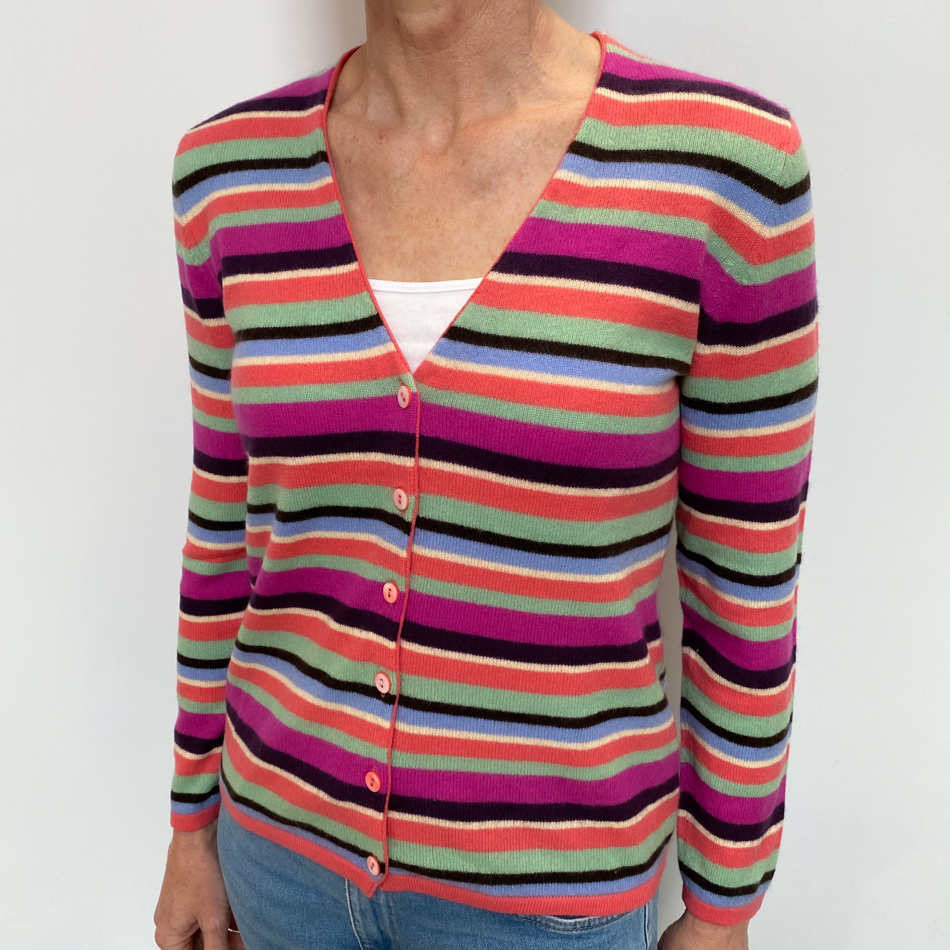 Multicolour Stripe Cashmere V Neck Cardigan Small