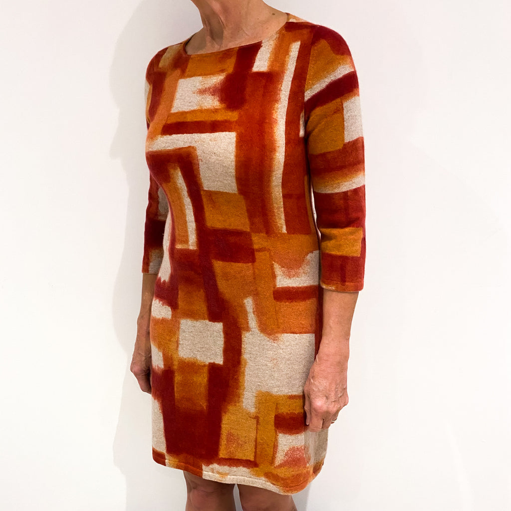 Red and Orange Patterned Cashmere Wide Crew Neck Dress Medium
