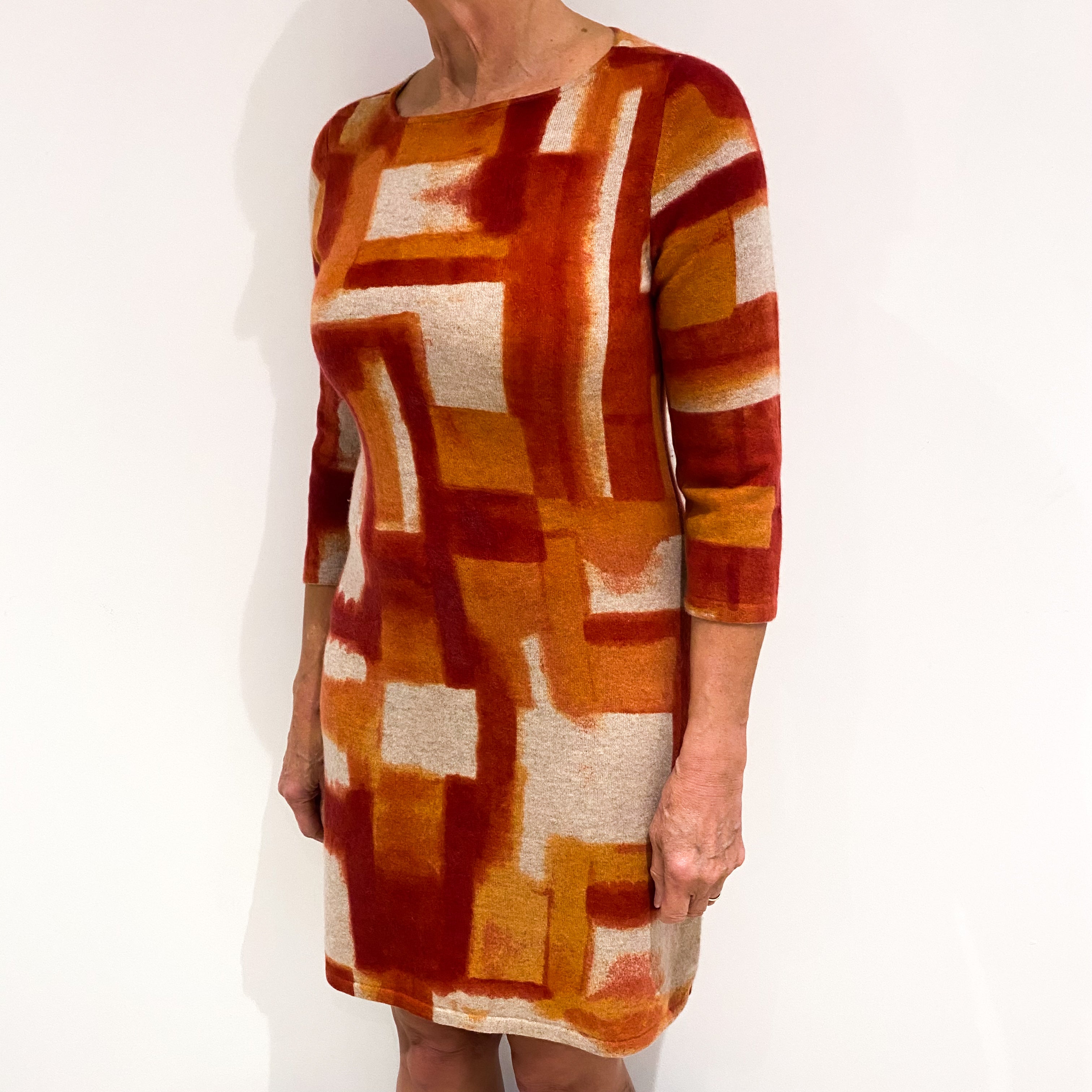 Red and Orange Patterned Cashmere Wide Crew Neck Dress Medium