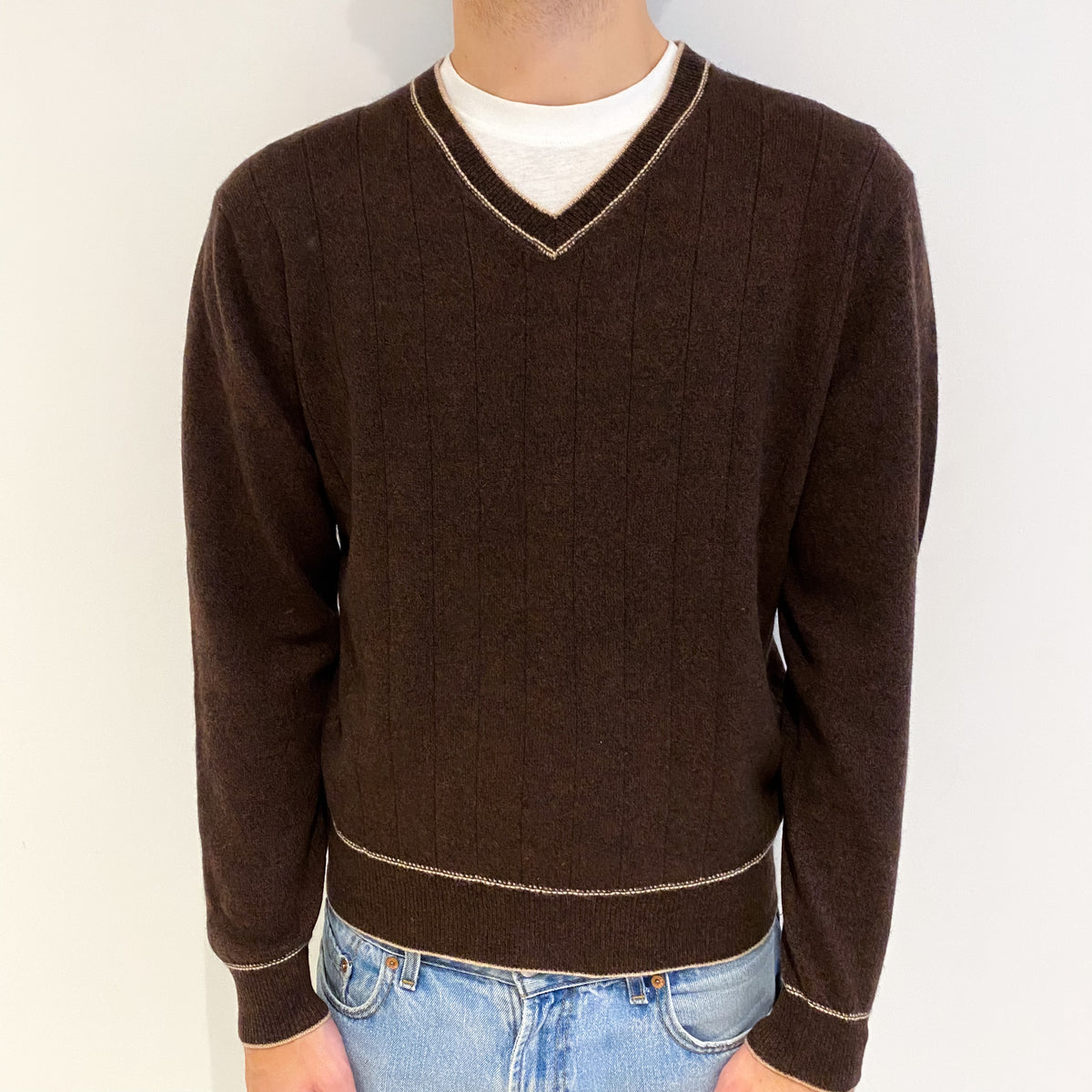 Men's Chocolate Brown Cashmere V Neck Jumper Large