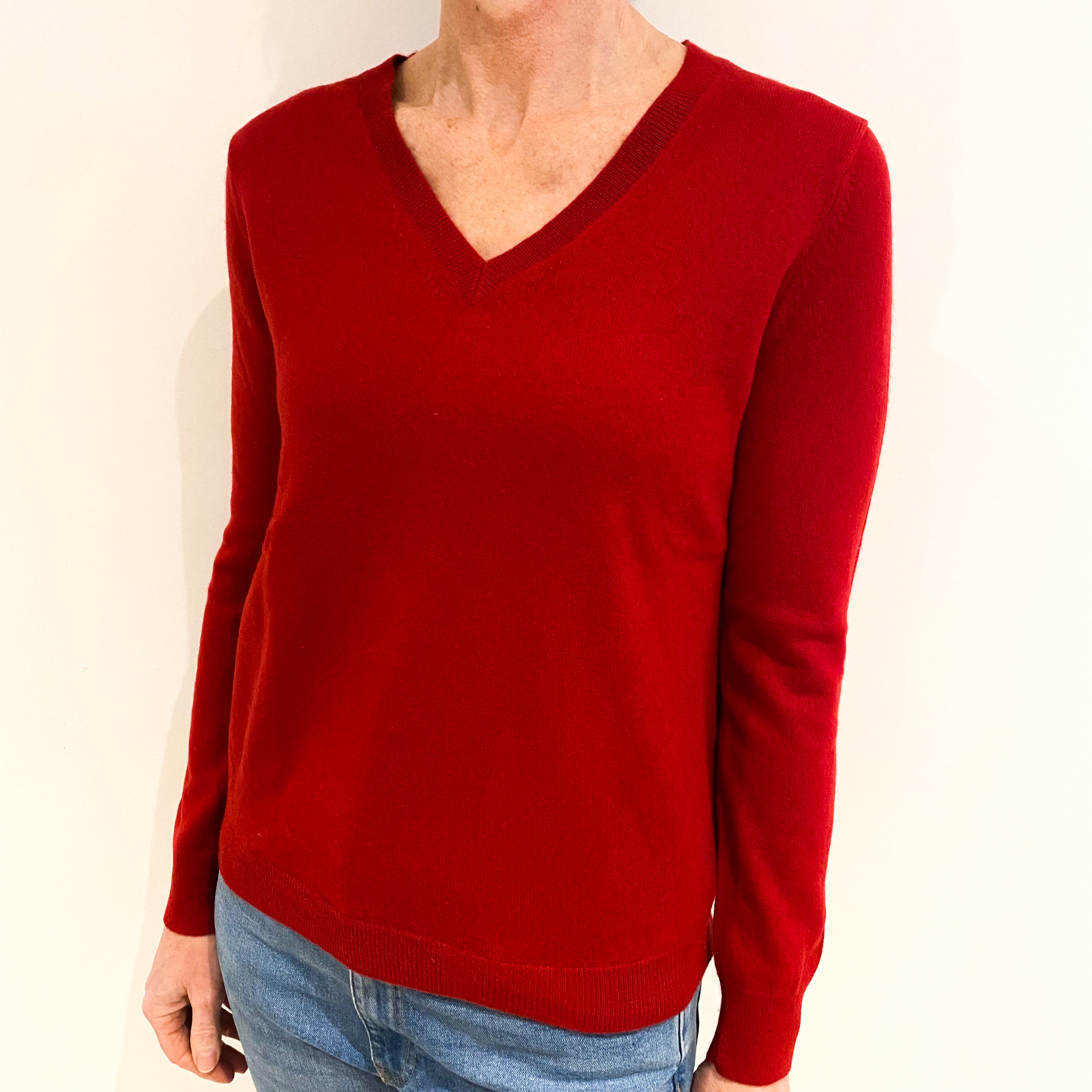 Scarlet Red Cashmere V Neck Jumper Small