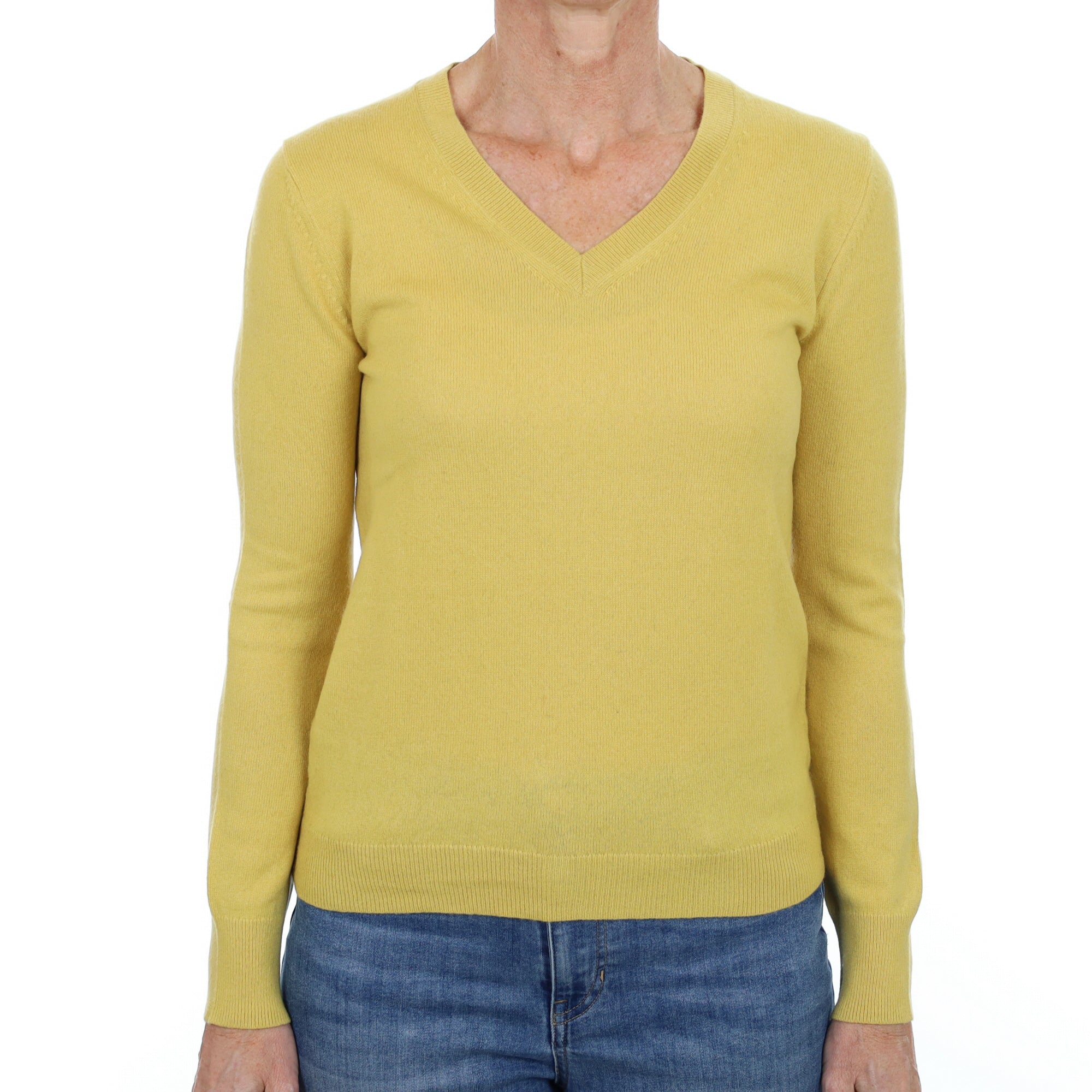 Flaxen Yellow Cashmere V Neck Jumper Small