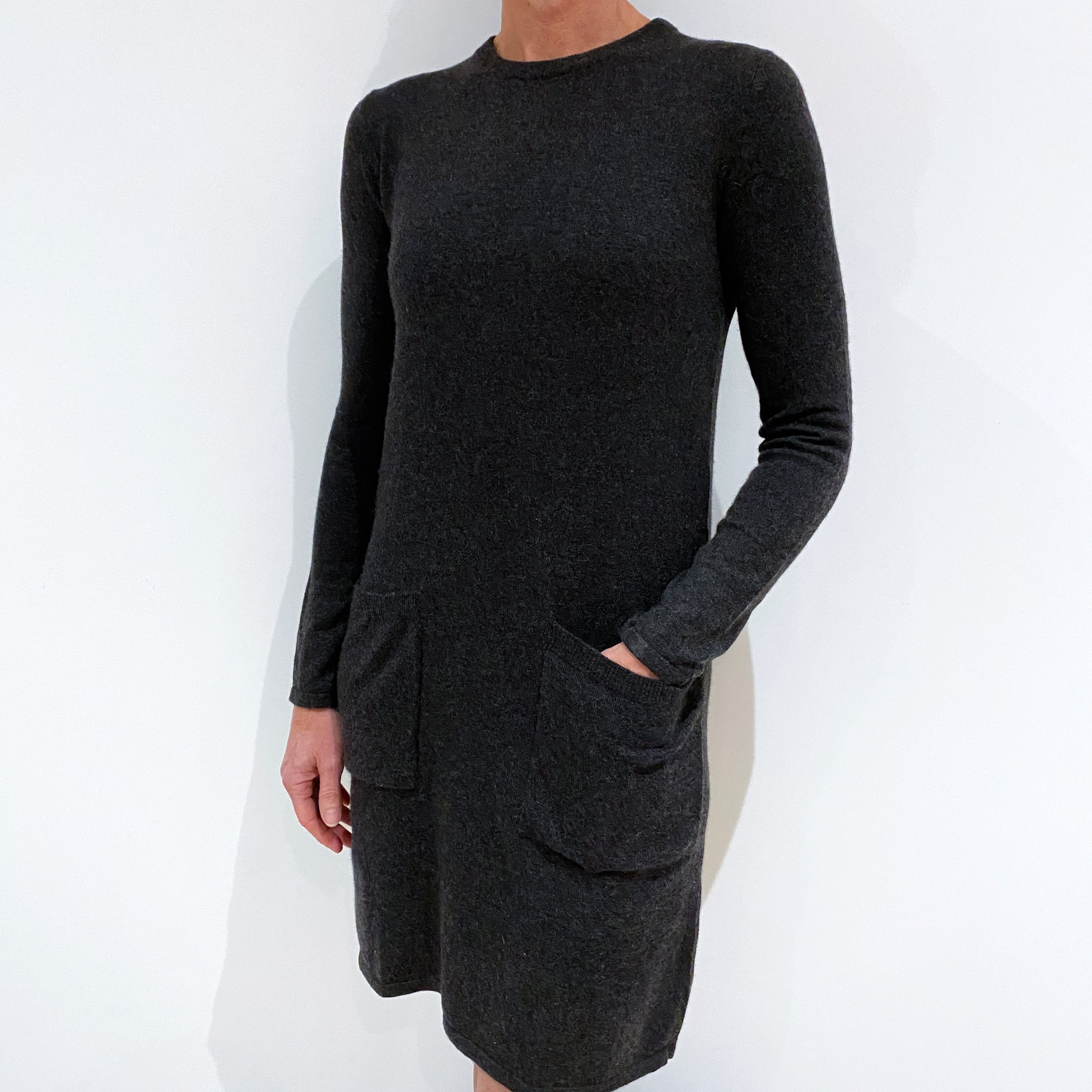 Charcoal Grey Cashmere Crew Neck Dress with Pockets Small