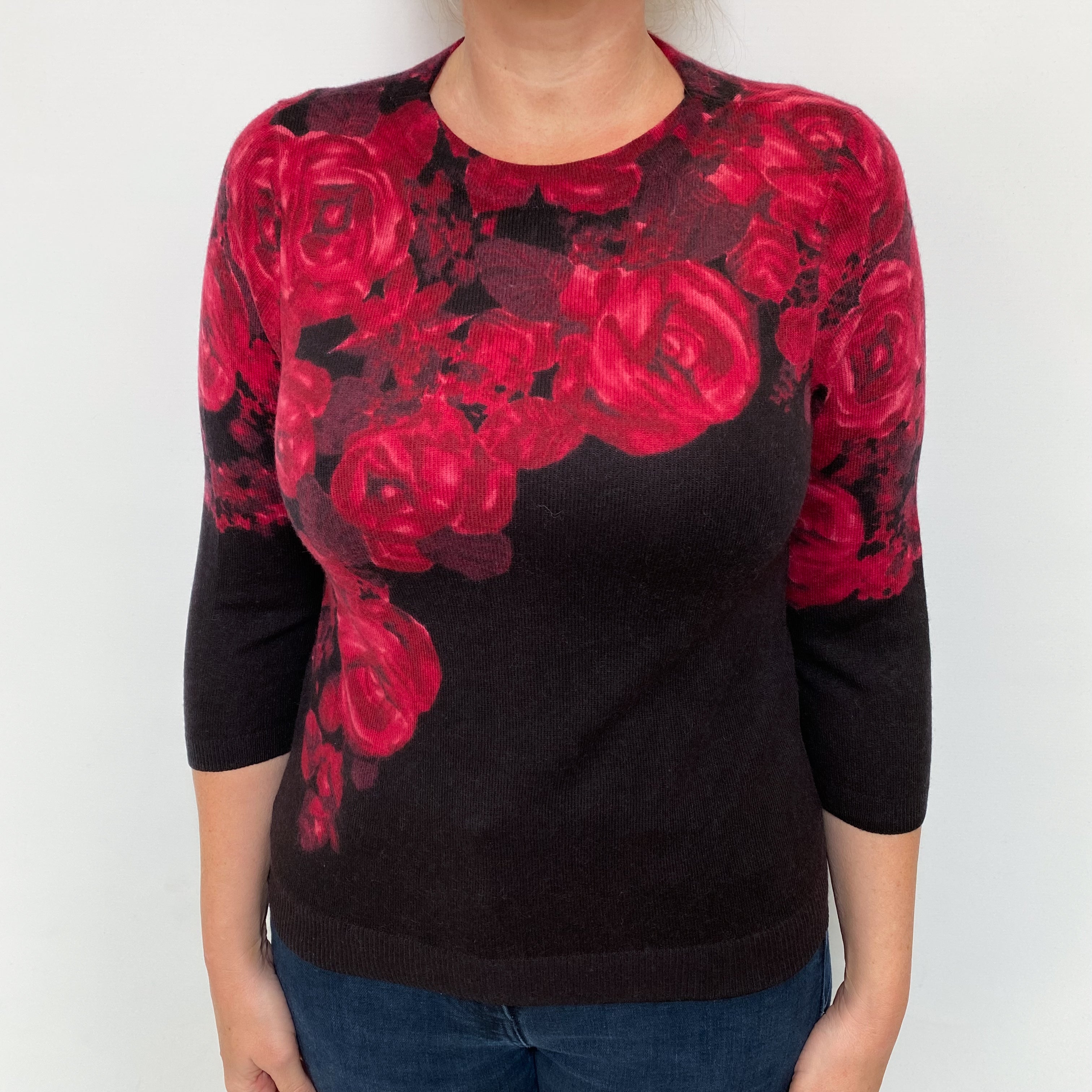 Black Red Floral Cashmere Crew Neck Jumper Large
