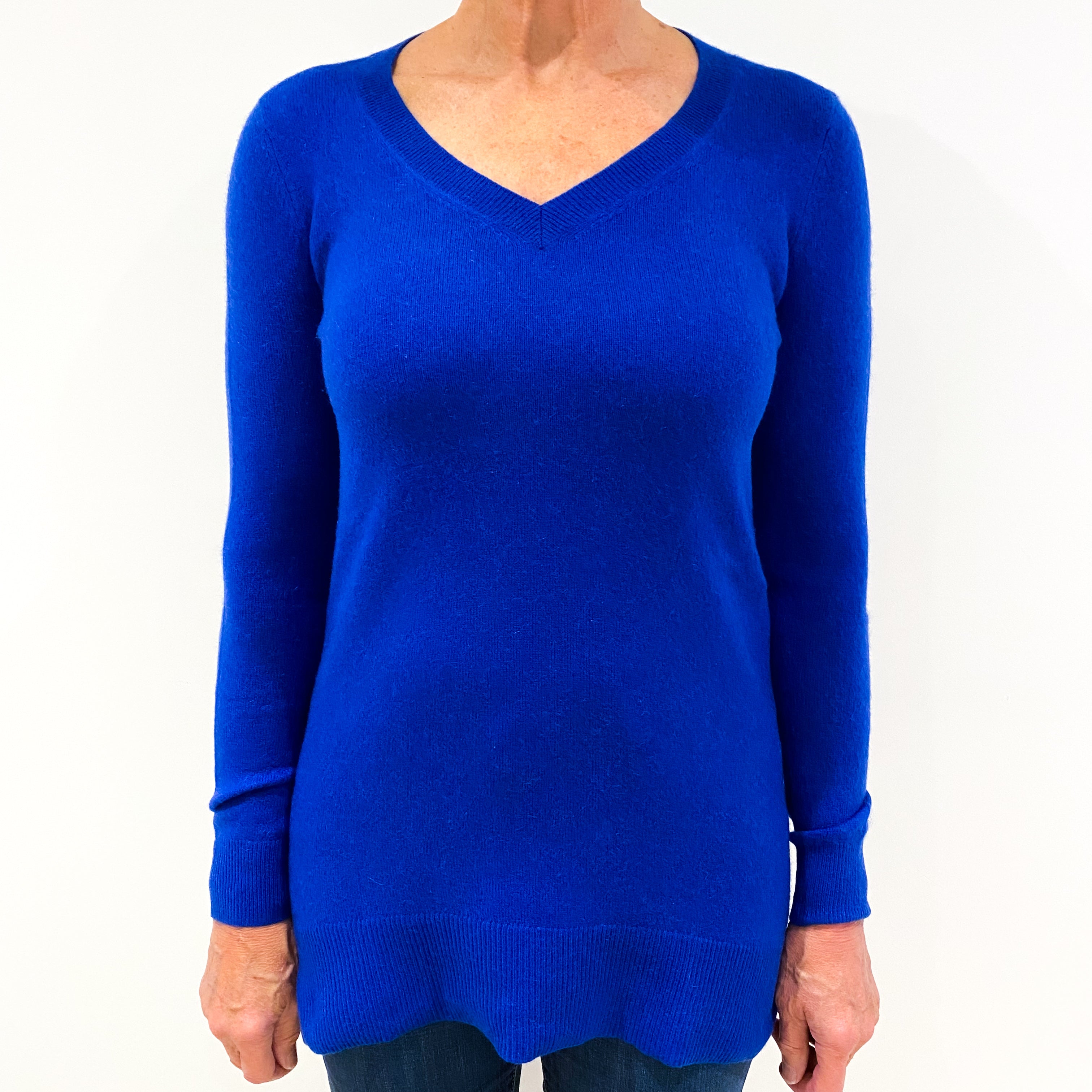 Cobalt Blue Cashmere V-Neck Tunic Style Jumper Medium