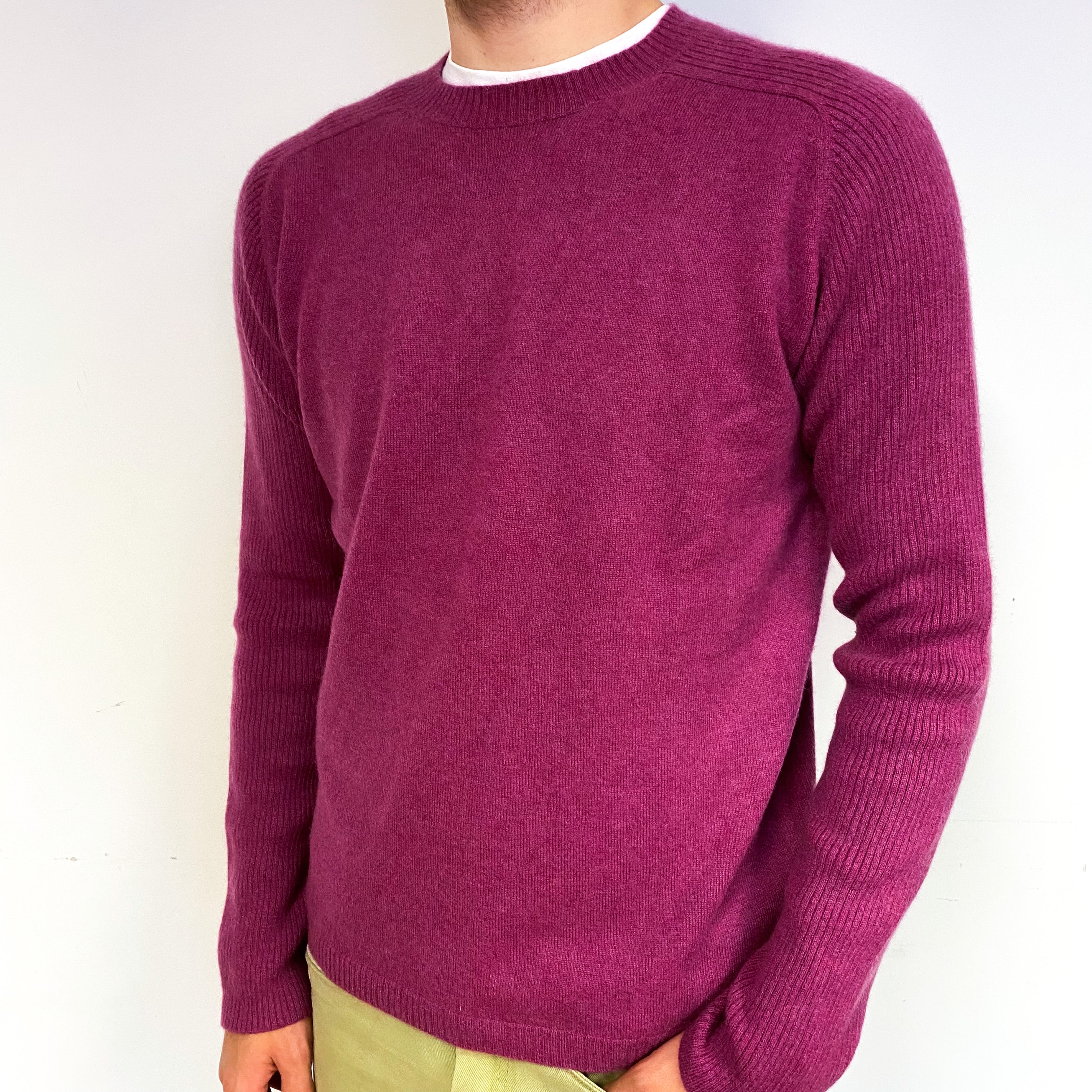 Men's Deep Heather Pink Cashmere Crew Neck Jumper Large