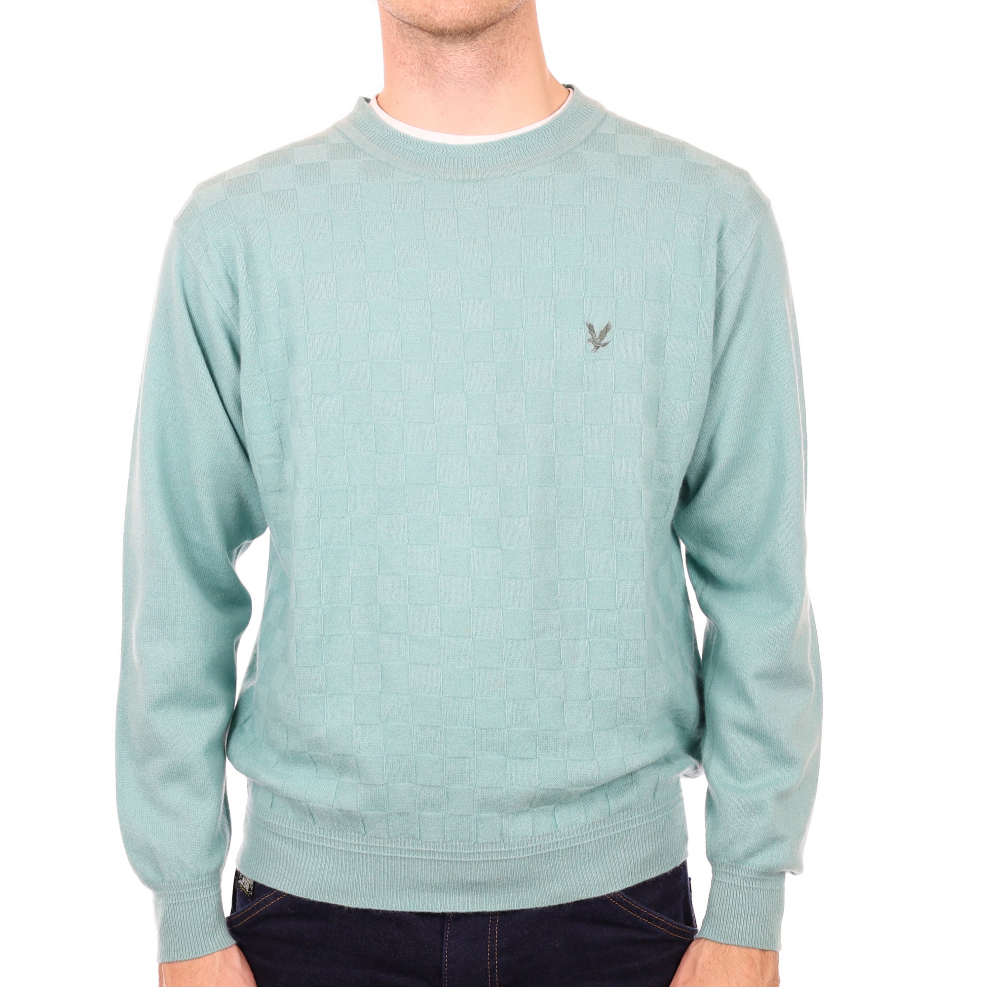 Men's Sea Foam Green Cashmere Textured Crew Neck Jumper Large