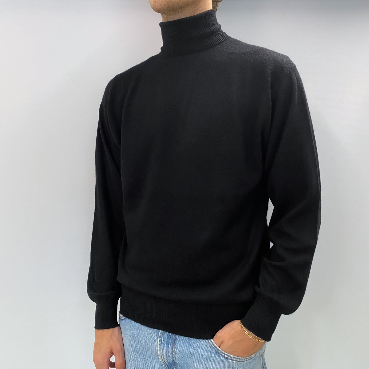 Men's Black Cashmere Polo Neck Jumper Large