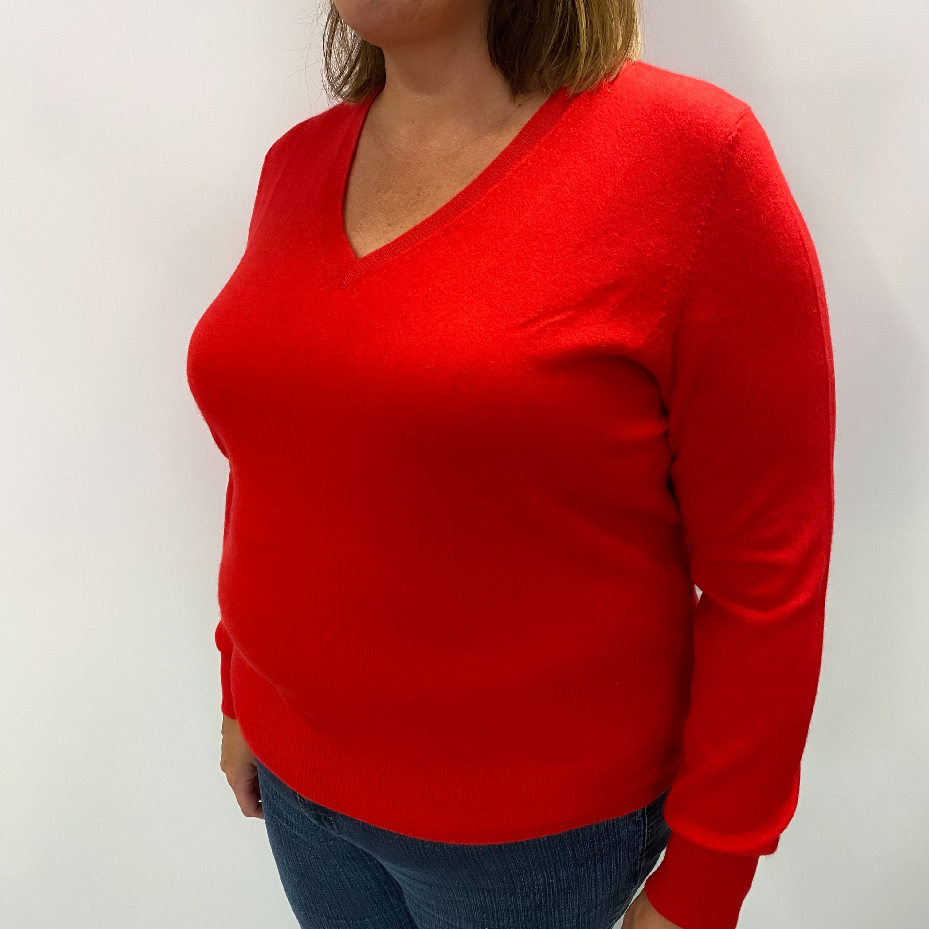 Tomato Red Cashmere V Neck Jumper Extra Large