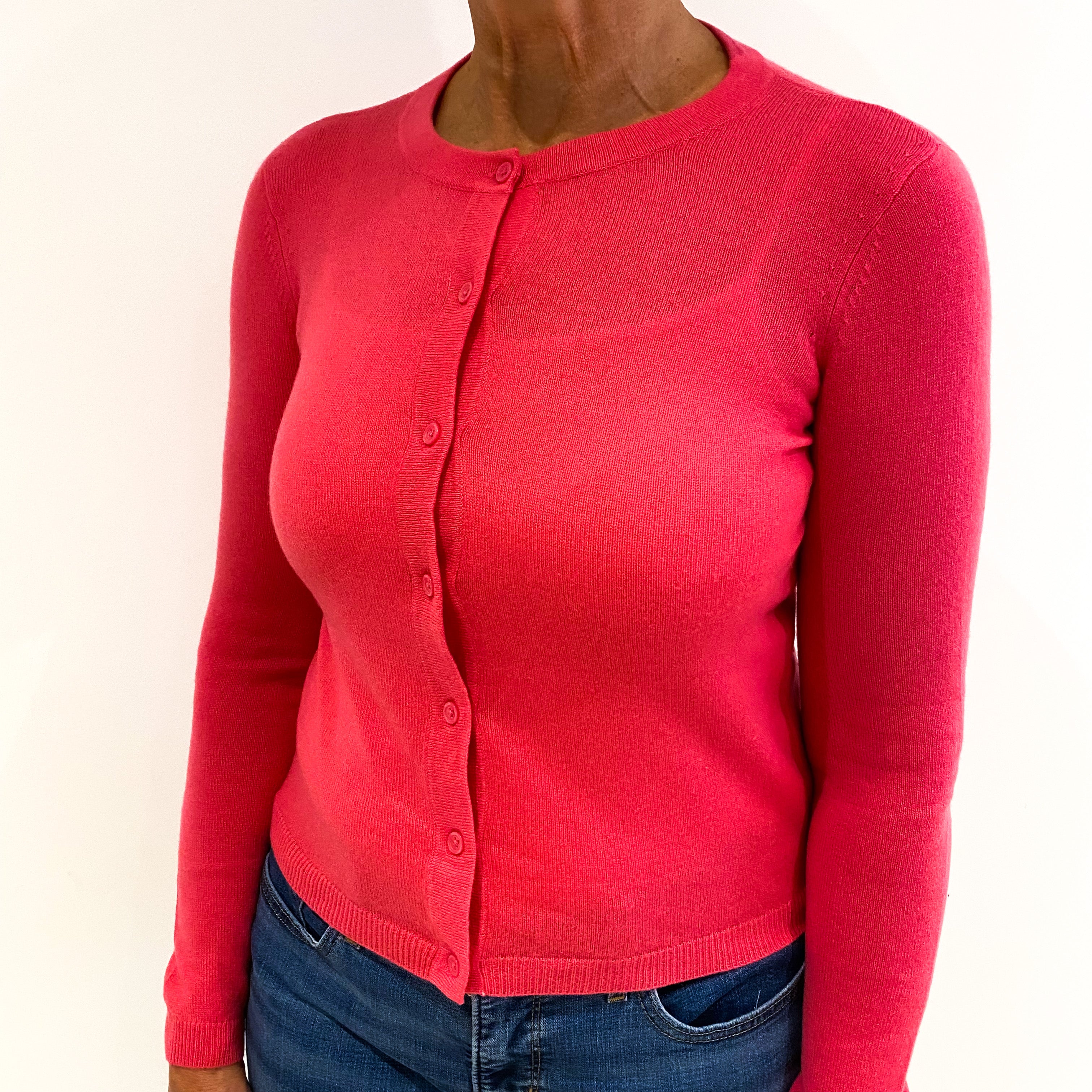 Raspberry Pink Cashmere Crew Neck Cardigan Medium