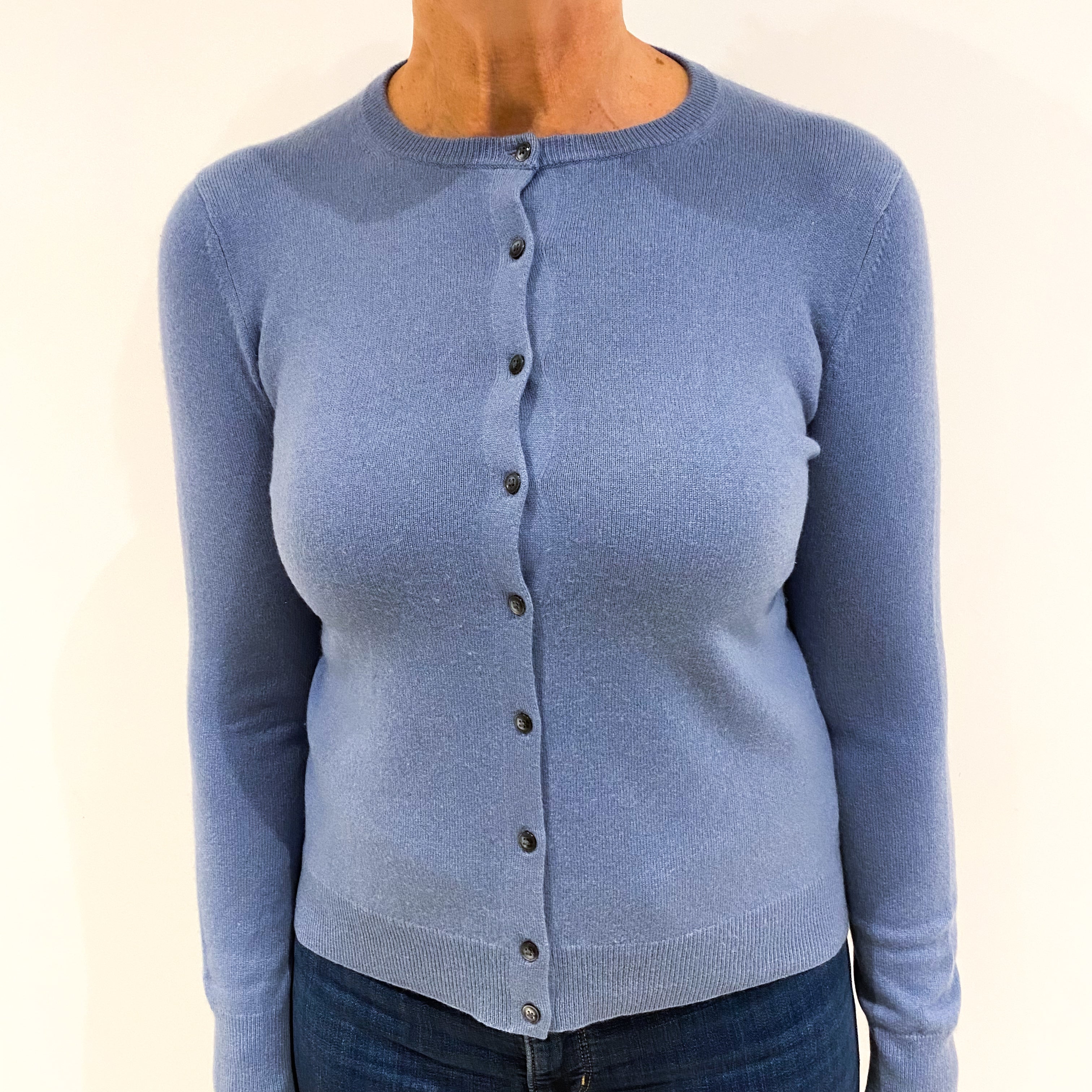 Pale Denim Blue Cashmere Crew Neck Cardigan Medium
