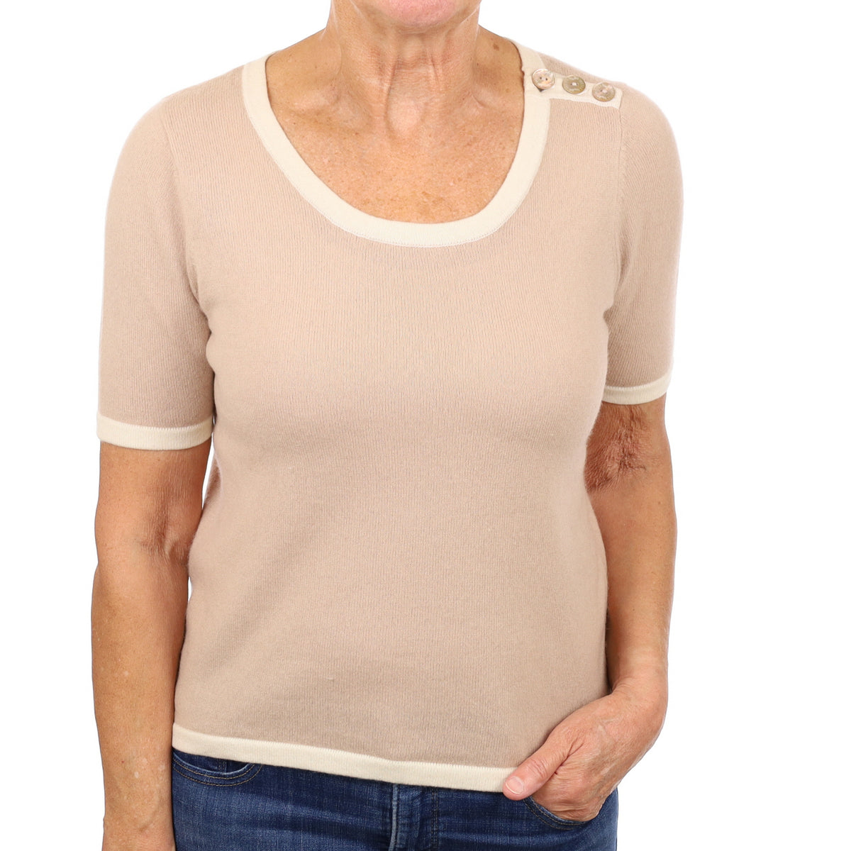Nude Beige Cashmere Crew Neck Short Sleeve Jumper Medium