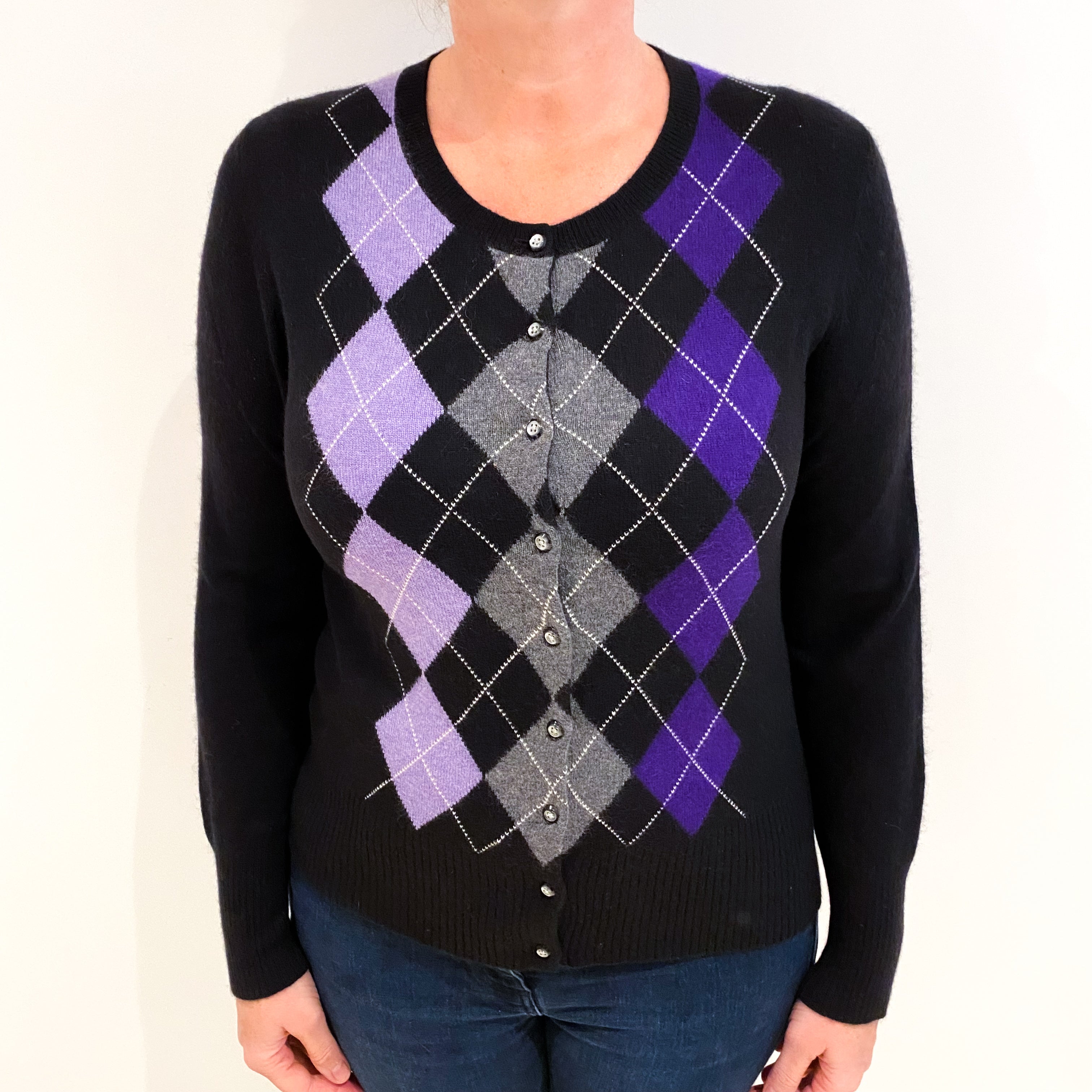 Black And Purple Diamond Cashmere Crew Neck Cardigan Large