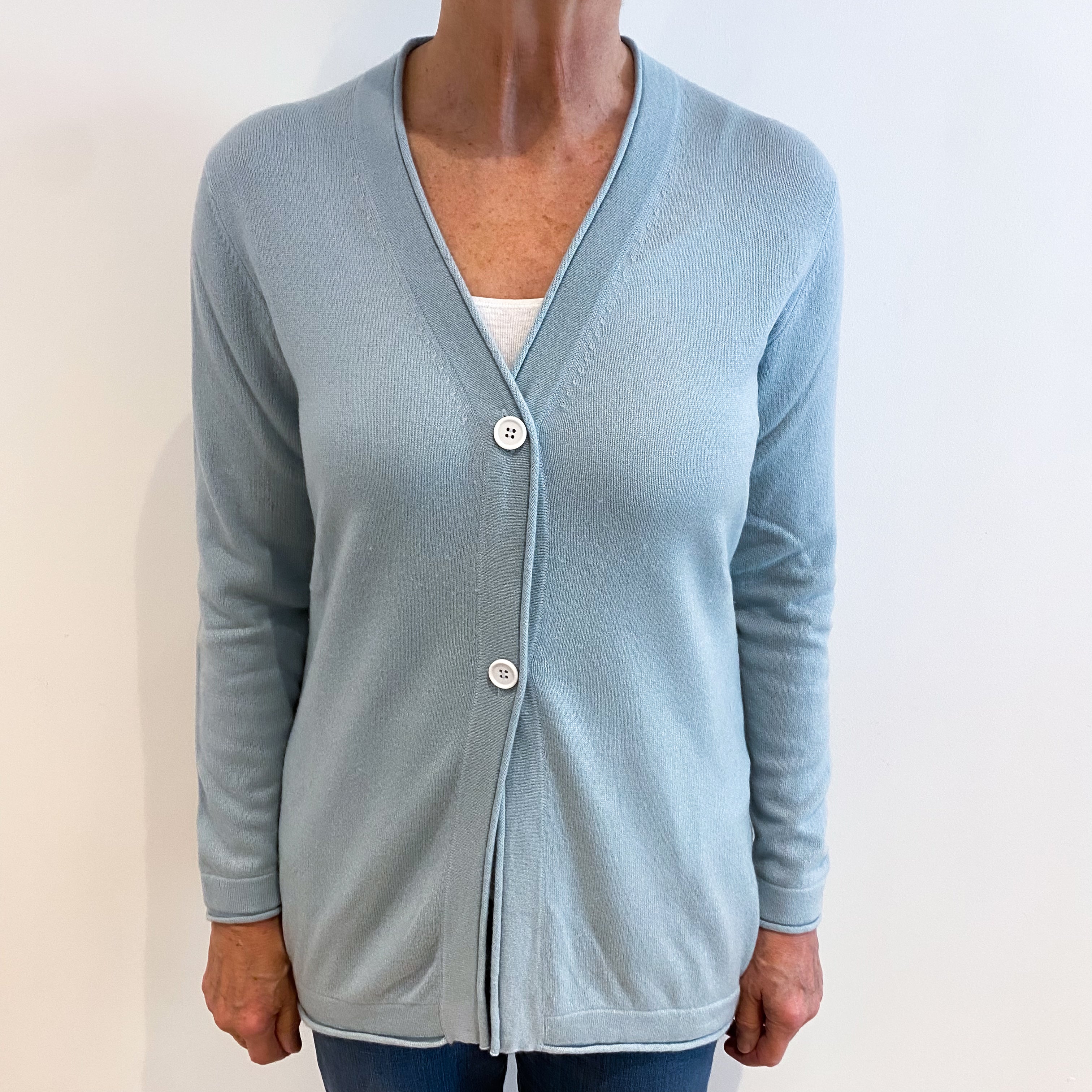 Pale Blue Cashmere Rolled Edge Cardigan Medium