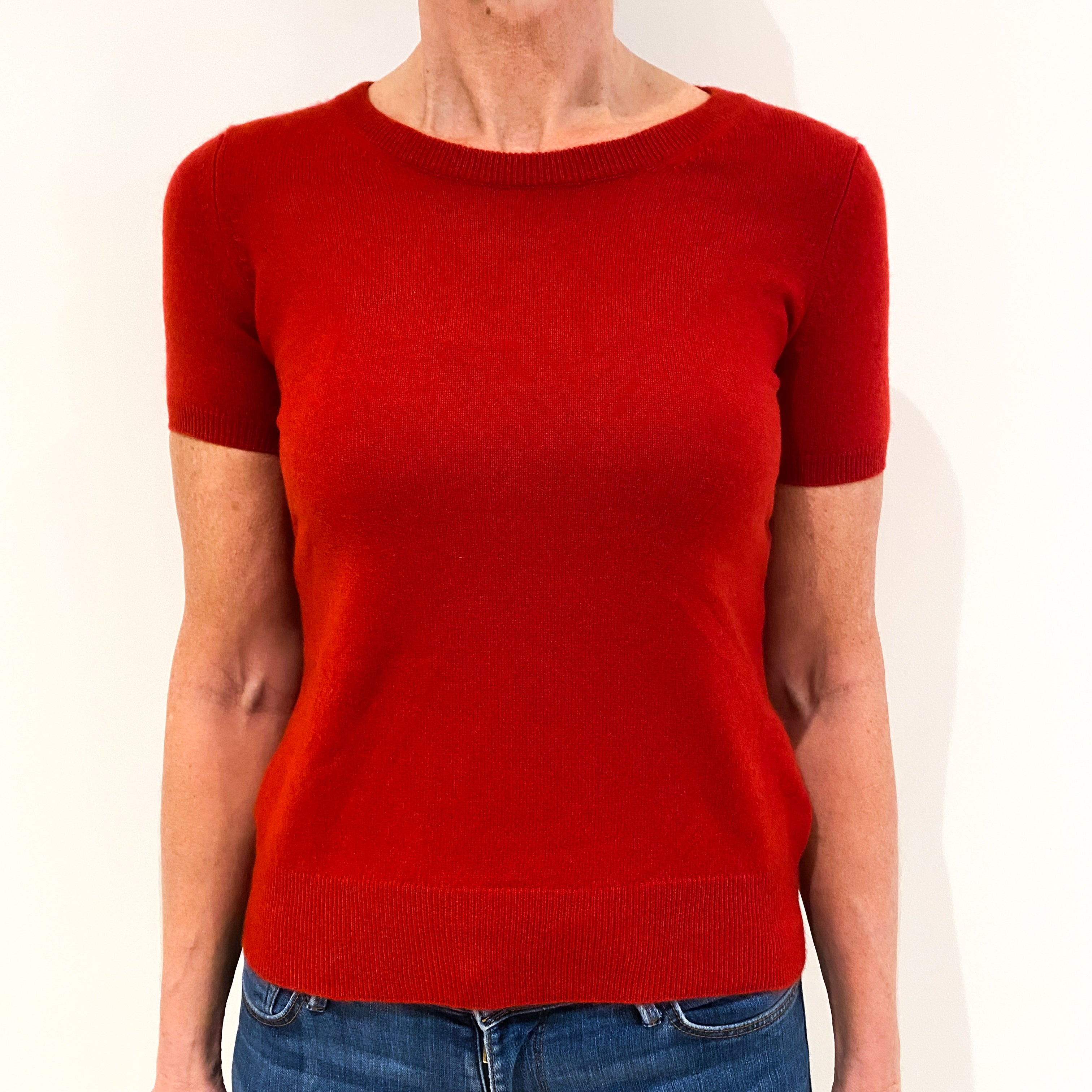 Scarlet Red Short Sleeved Cashmere Crew Neck Jumper Small