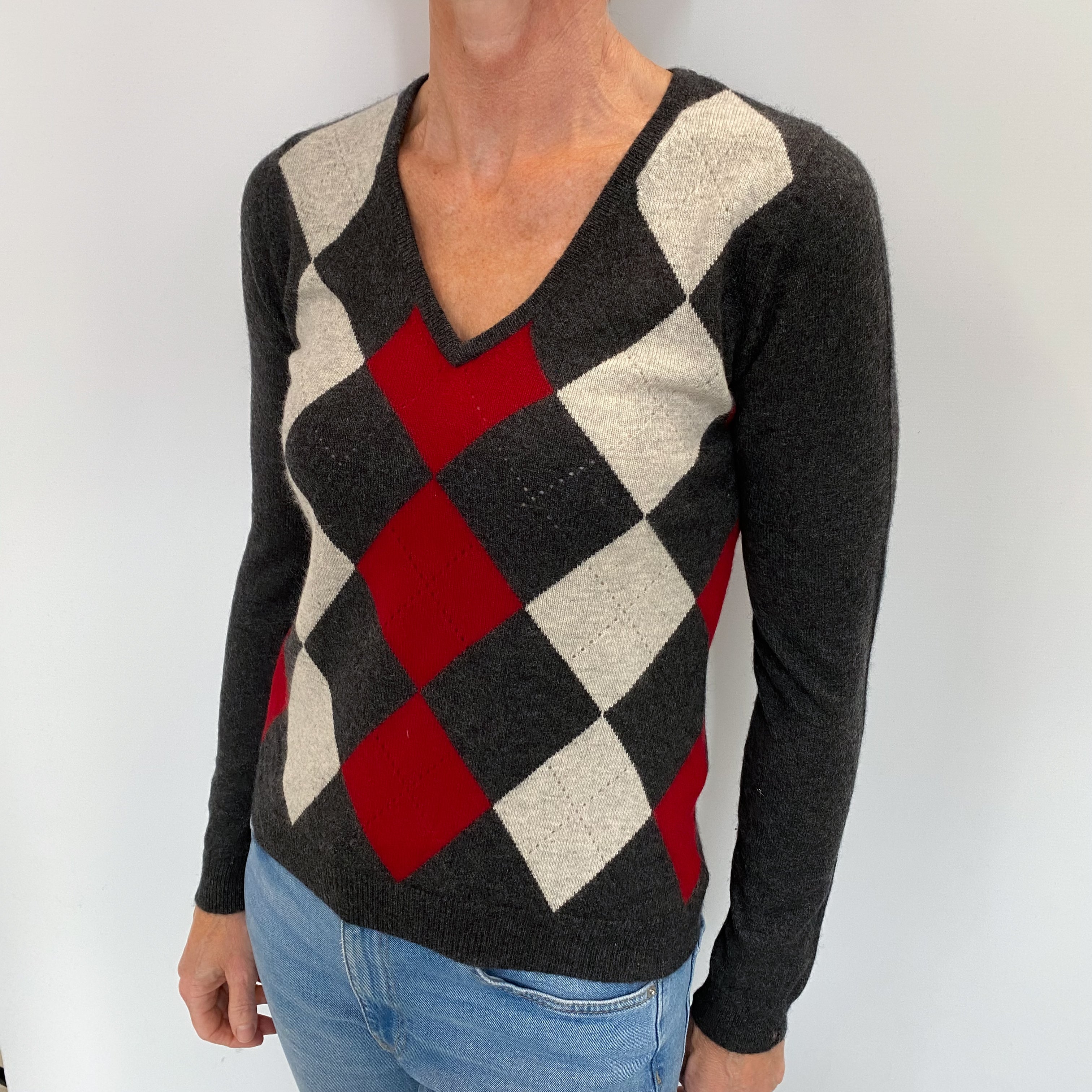 Charcoal Grey Argyle Cashmere V Neck Jumper Small