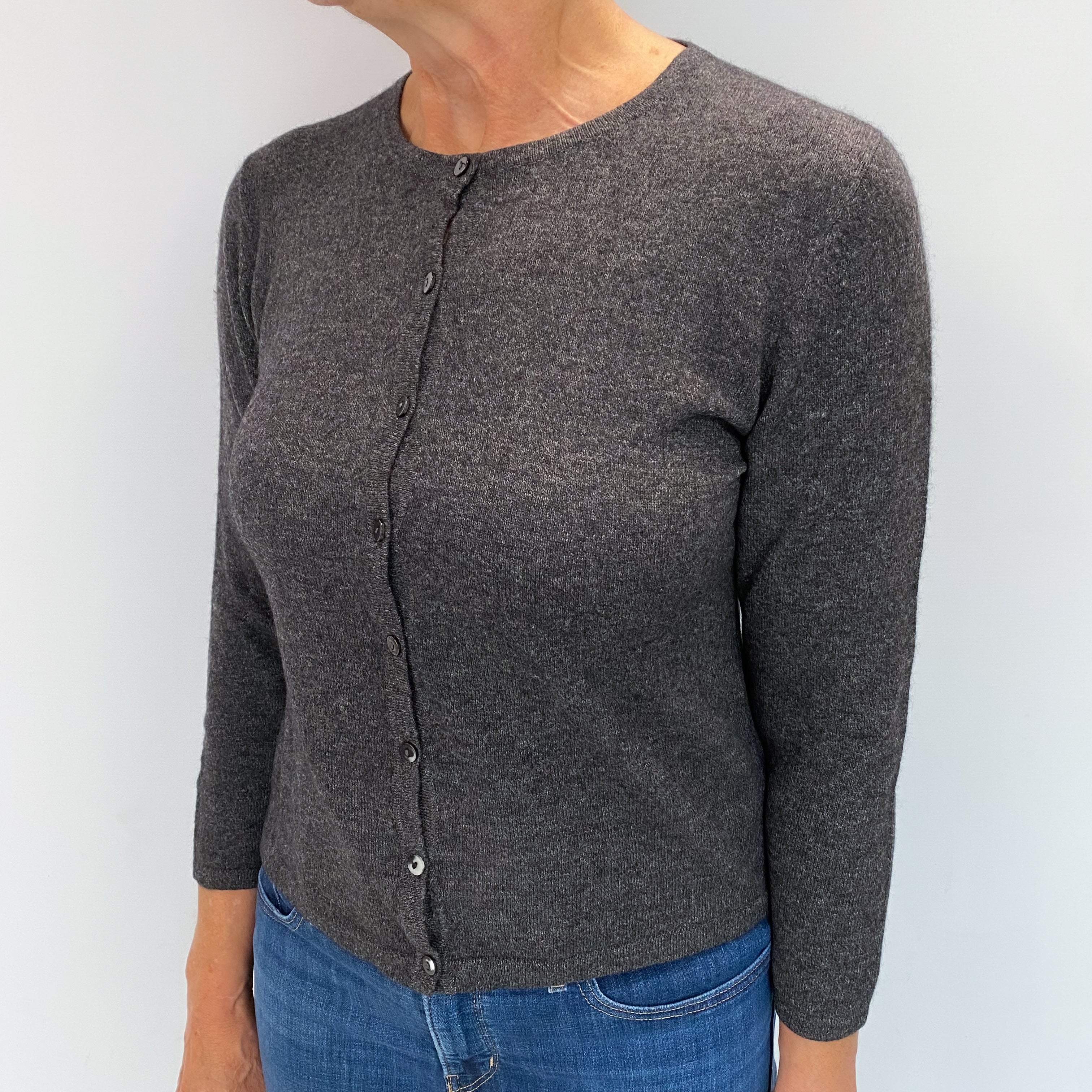 Charcoal Grey Cashmere Crew Neck Cardigan Medium