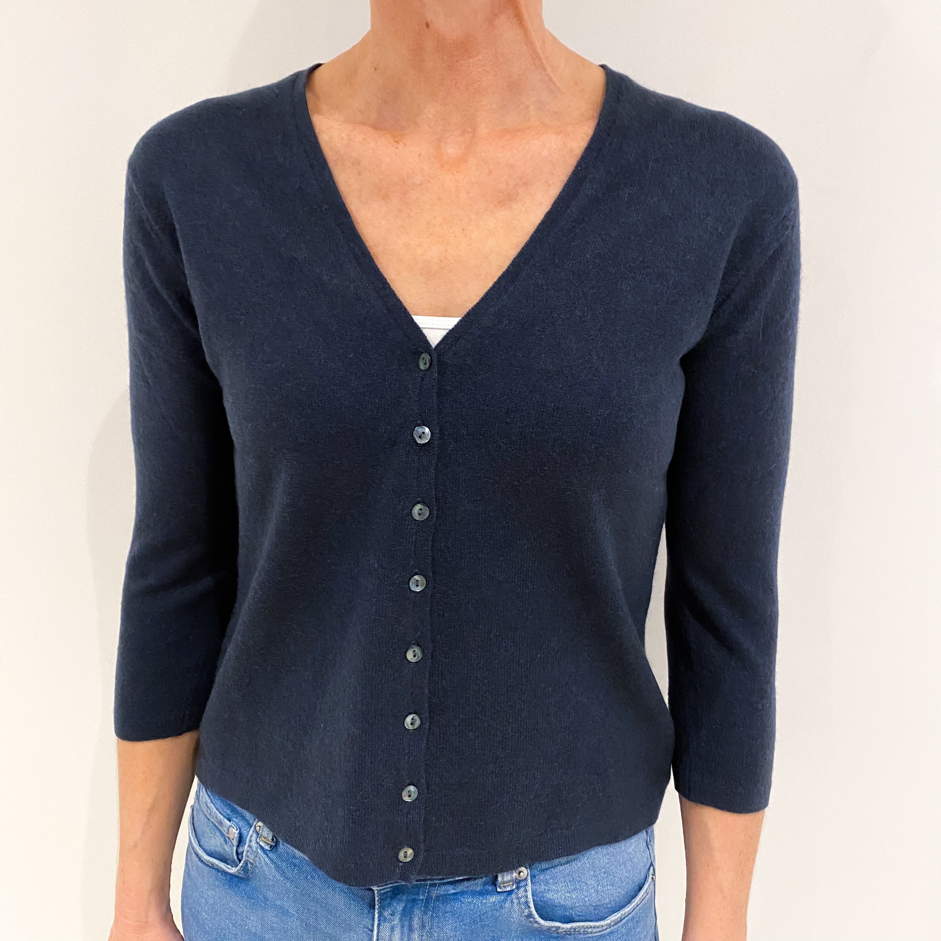 Brora Navy Blue Cashmere V Neck Cardigan Small