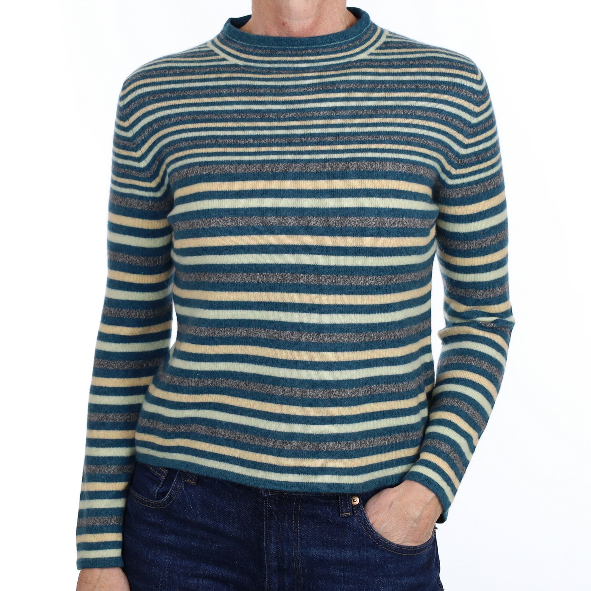 Forest Green Stripe Cashmere Turtle Neck Jumper Small