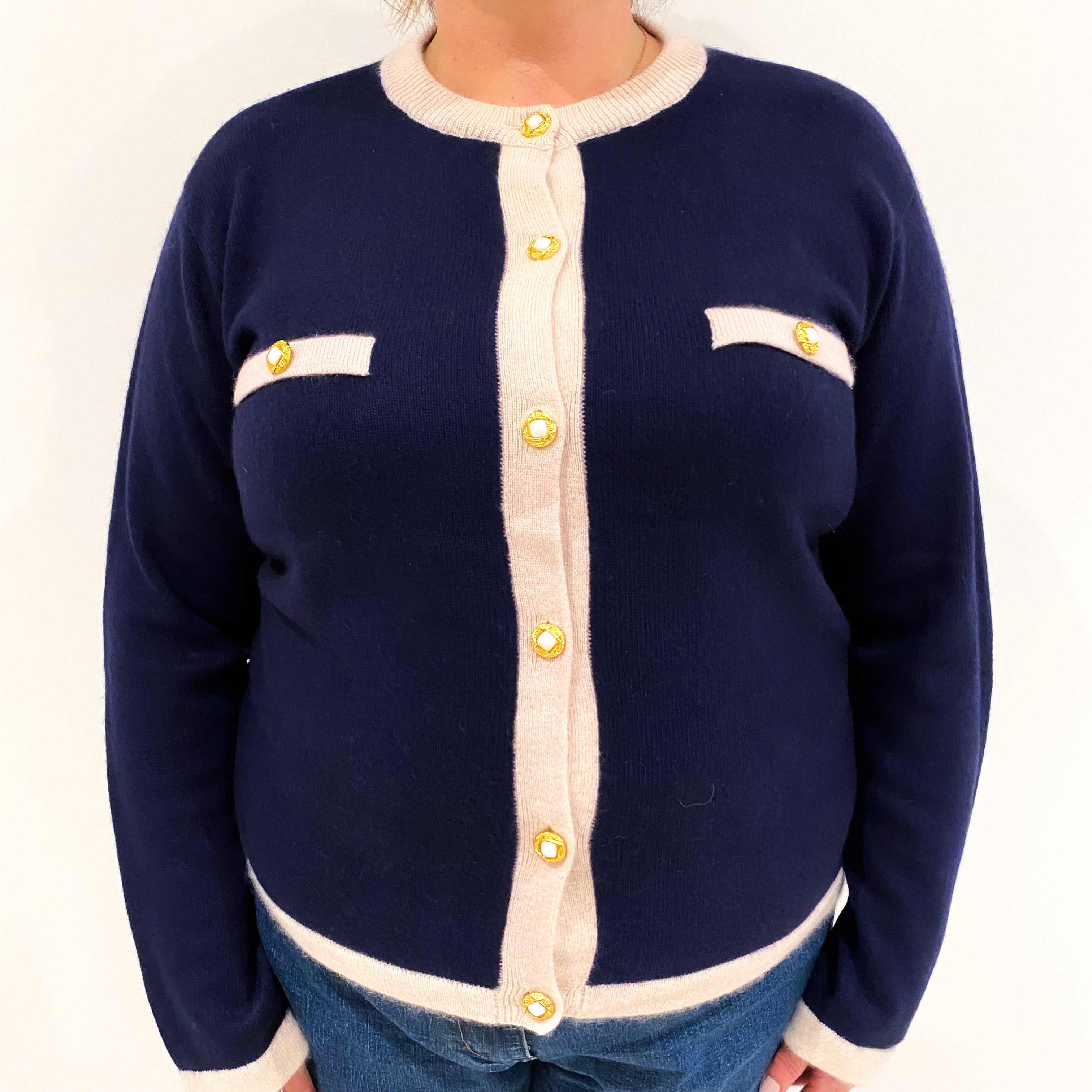 Navy Blue Cashmere Crew Neck Cardigan with Ice Pink Edging Extra Large
