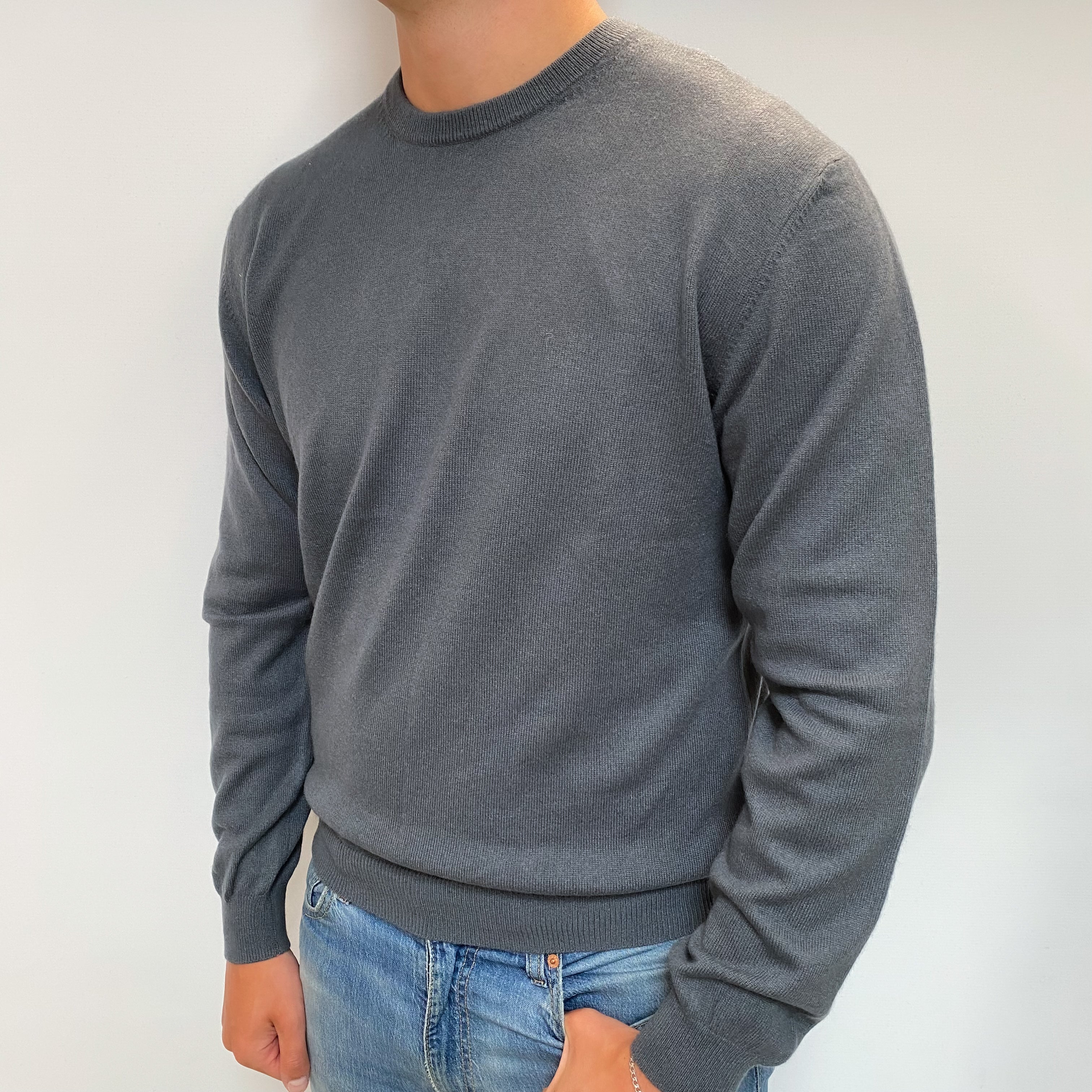 Men's Stone Blue Cashmere Crew Neck Jumper XL
