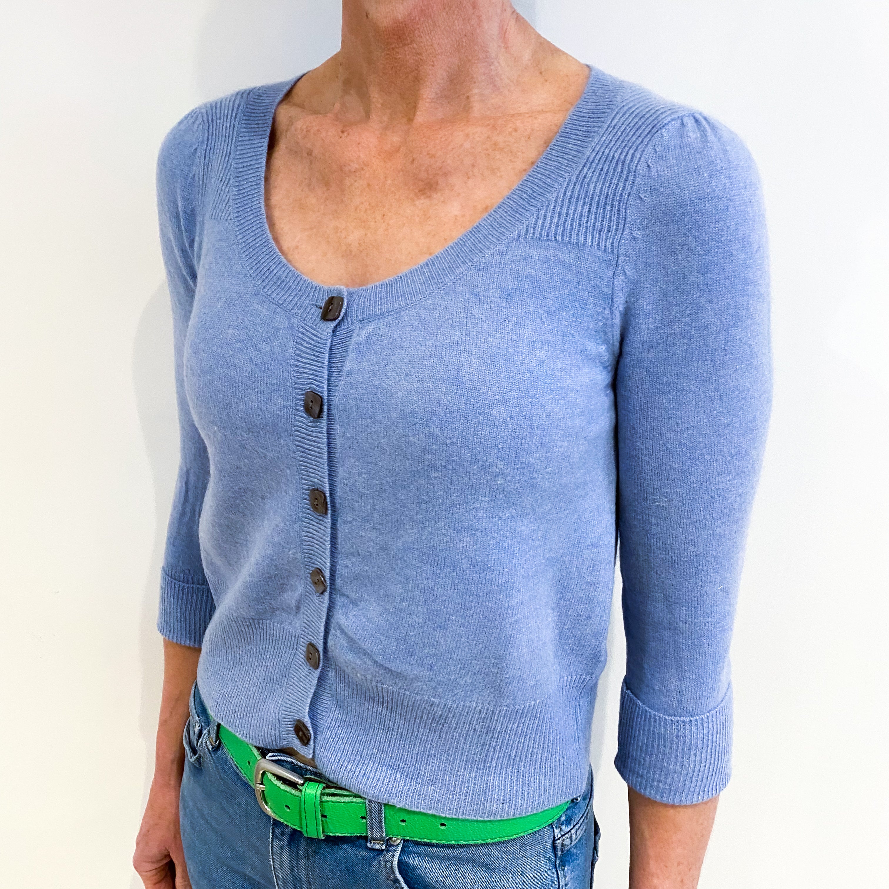 Sky Blue Cashmere Scoop Neck 3/4 Sleeved Cardigan Small