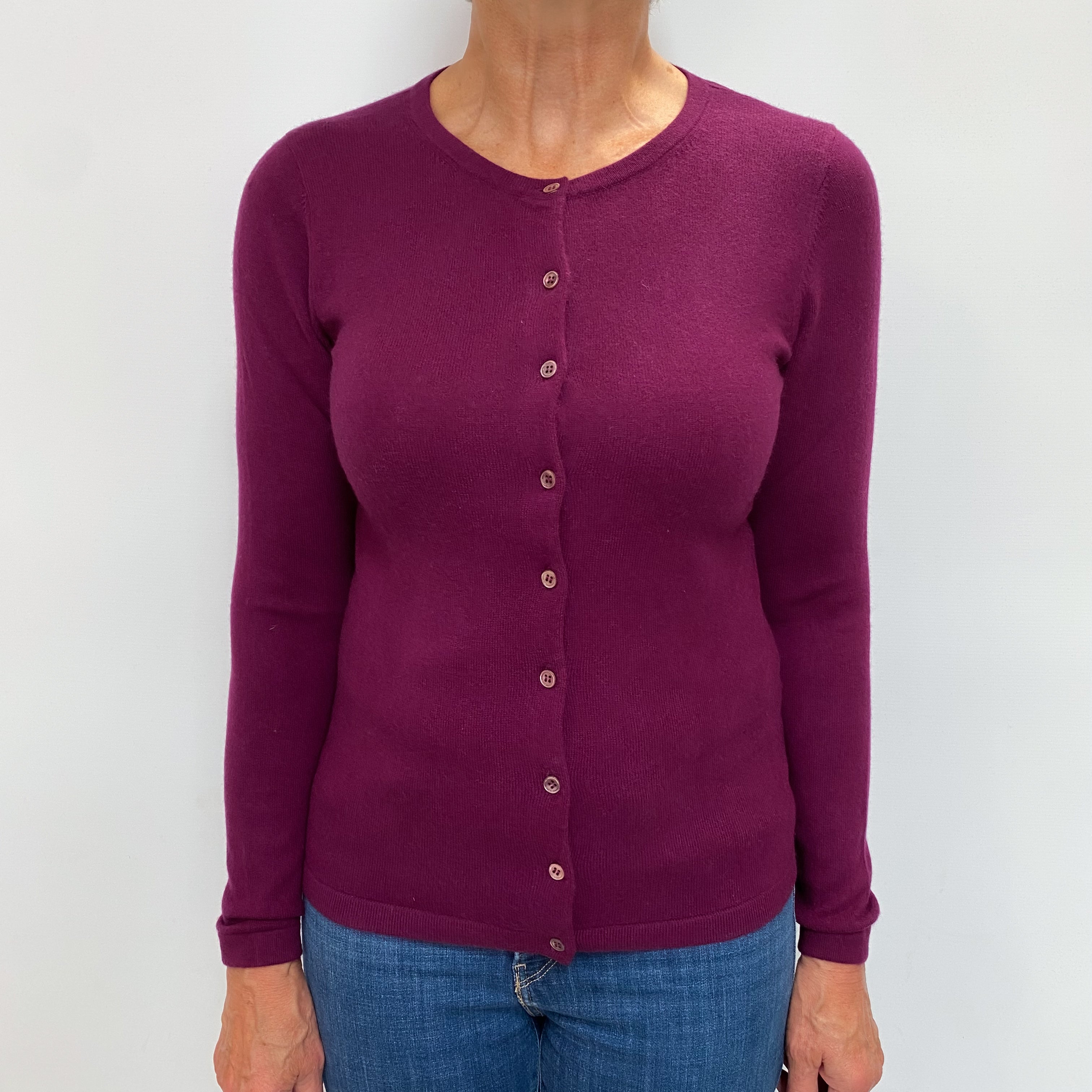 Aubergine Purple Cashmere Crew Neck Cardigan Medium