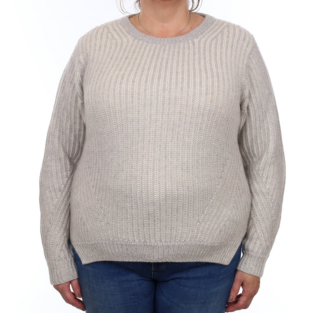 Grey and Ivory Chunky Ribbed Cashmere Crew Neck Jumper Extra Large