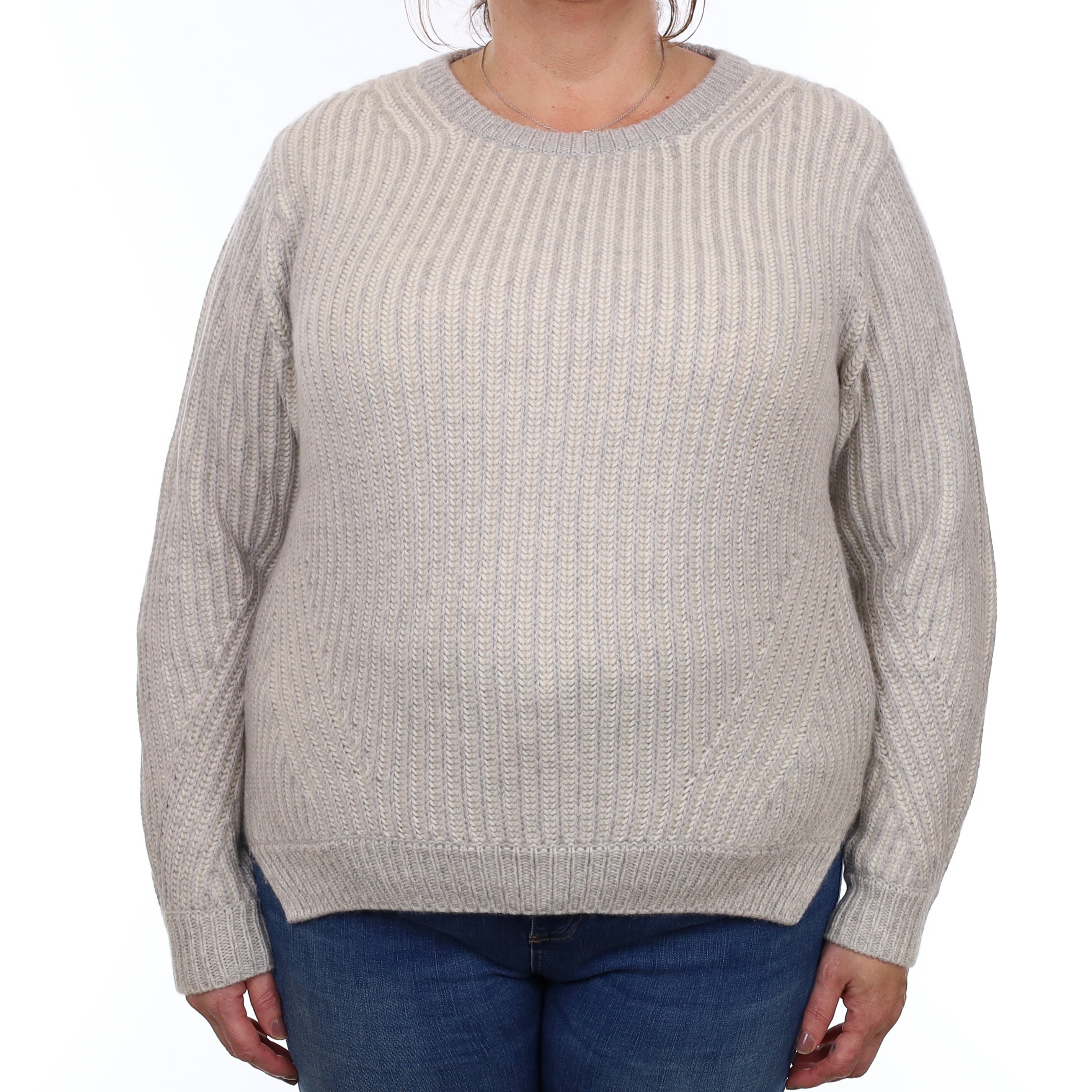 Grey and Ivory Chunky Ribbed Cashmere Crew Neck Jumper Extra Large