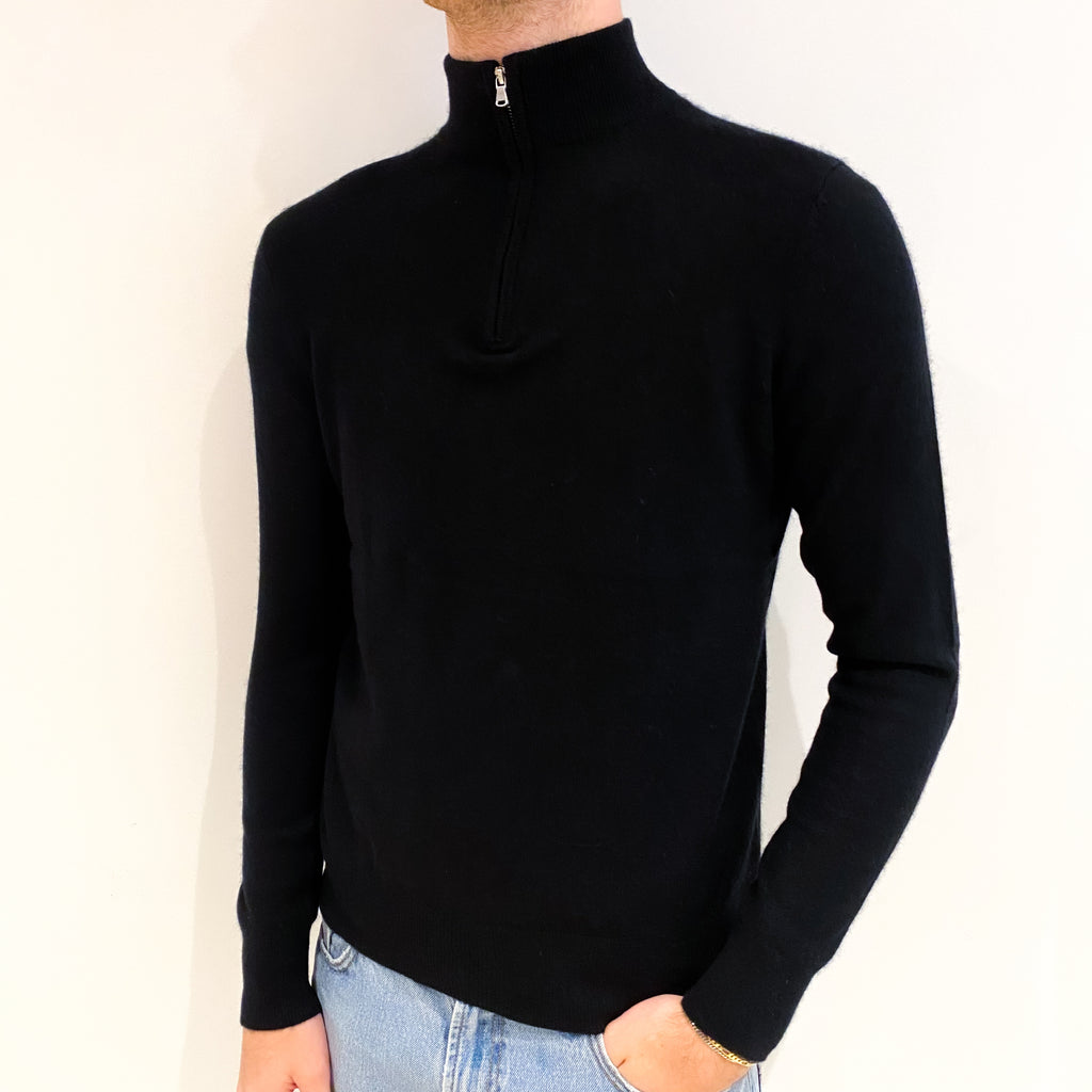 Men's Black Cashmere 1/4 Zip Jumper Medium