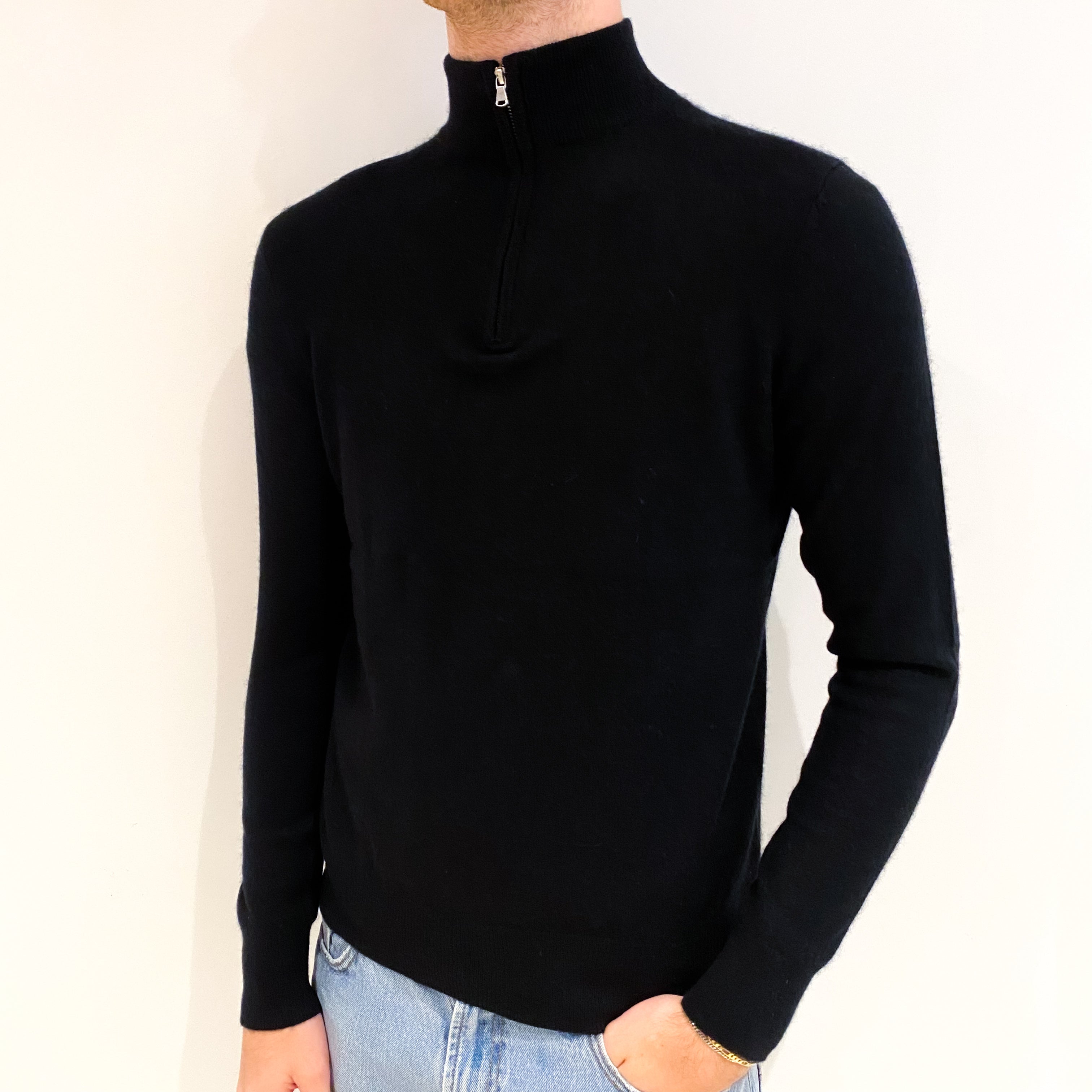 Men's Black Cashmere 1/4 Zip Jumper Medium