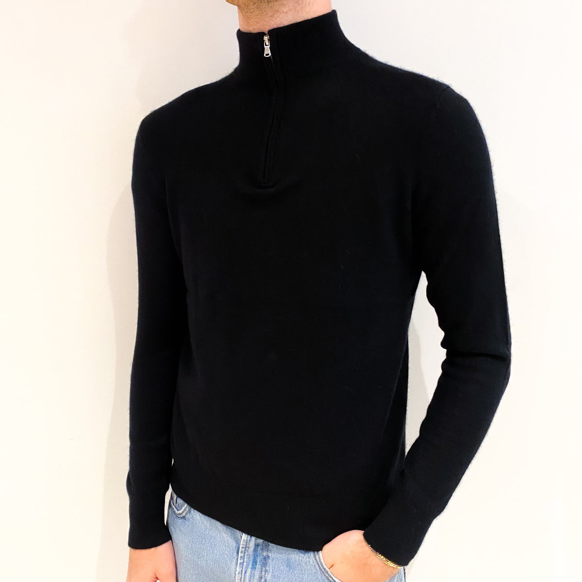 Men's Black Cashmere 1/4 Zip Jumper Medium