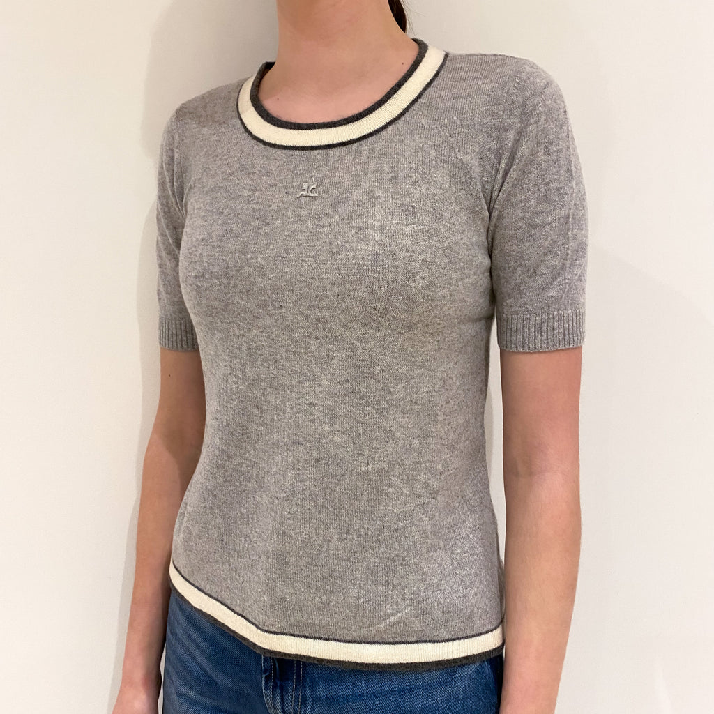 Smoke Grey Cream Trim Cashmere Short Sleeved Crew Neck Jumper Extra Small