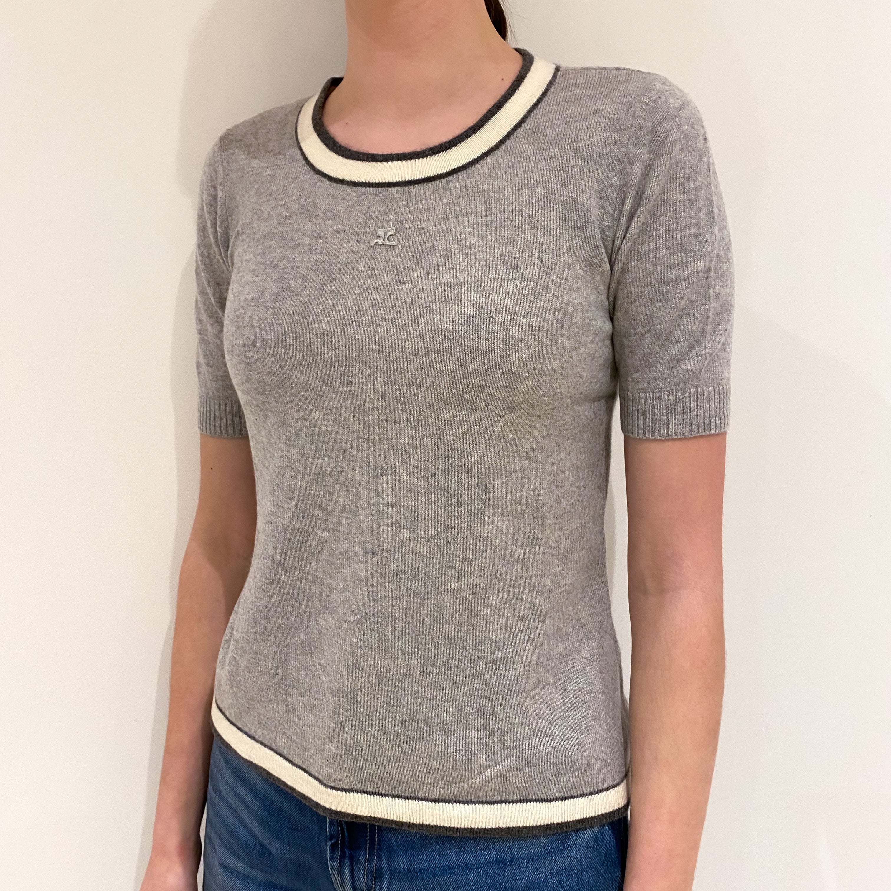 Smoke Grey Cream Trim Cashmere Short Sleeved Crew Neck Jumper Extra Small