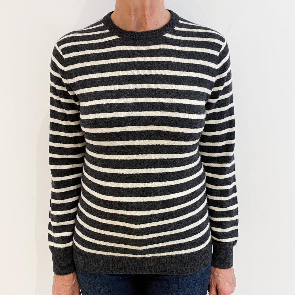 Charcoal Grey Ivory Stripe Cashmere Crew Neck Jumper Medium