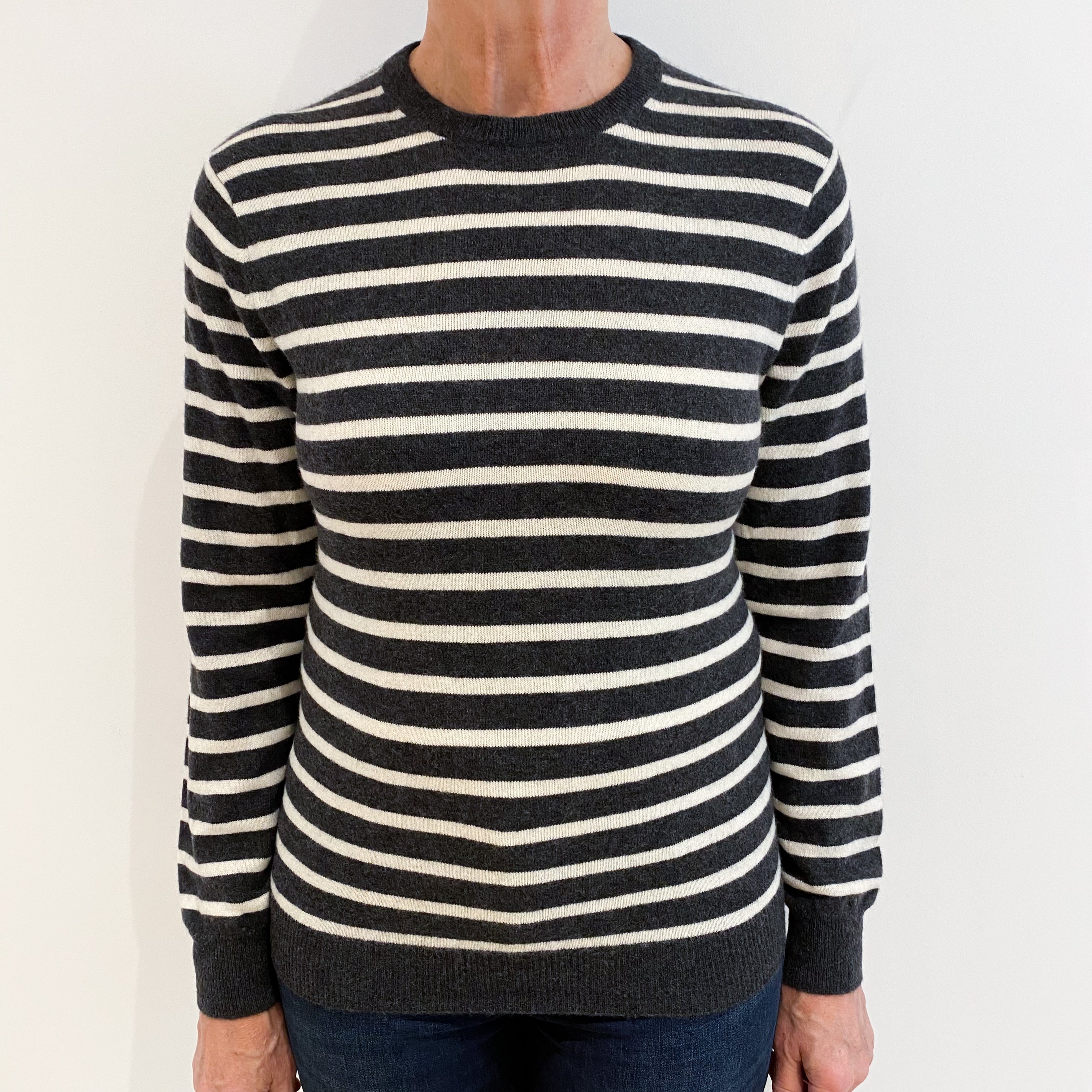 Charcoal Grey Ivory Stripe Cashmere Crew Neck Jumper Medium
