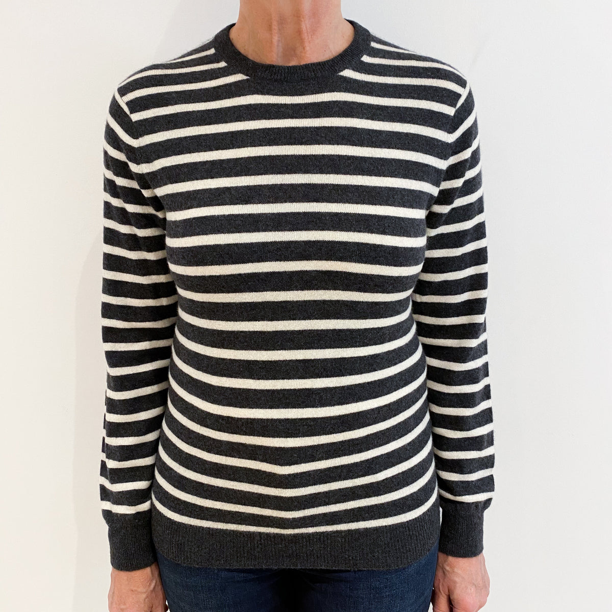 Charcoal Grey Ivory Stripe Cashmere Crew Neck Jumper Medium